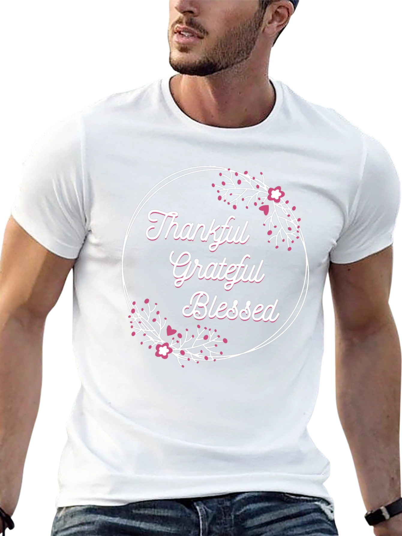 Thankful Grateful Blessed T-Shirt - Floral Design
