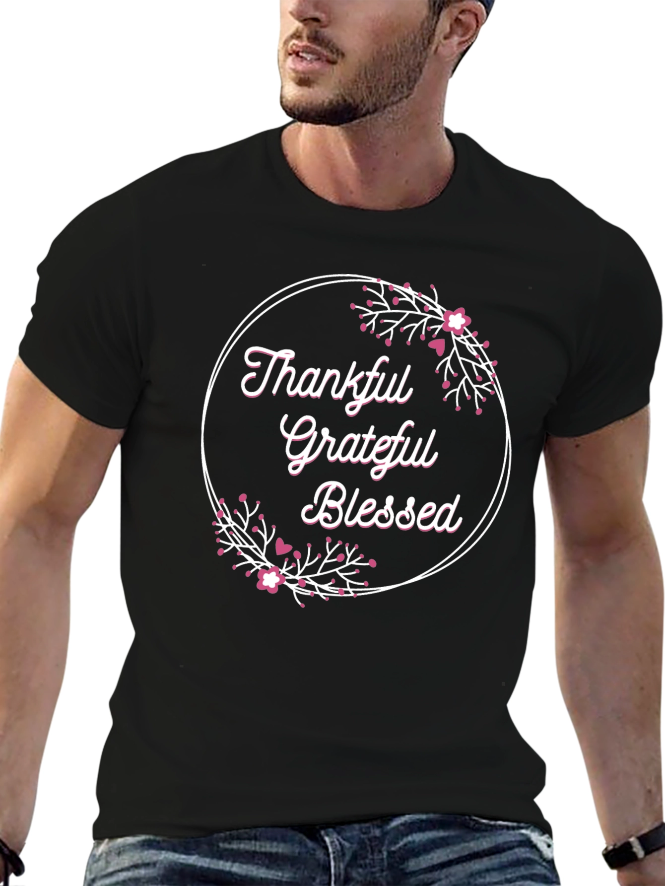 Thankful Grateful Blessed T-Shirt - Floral Design