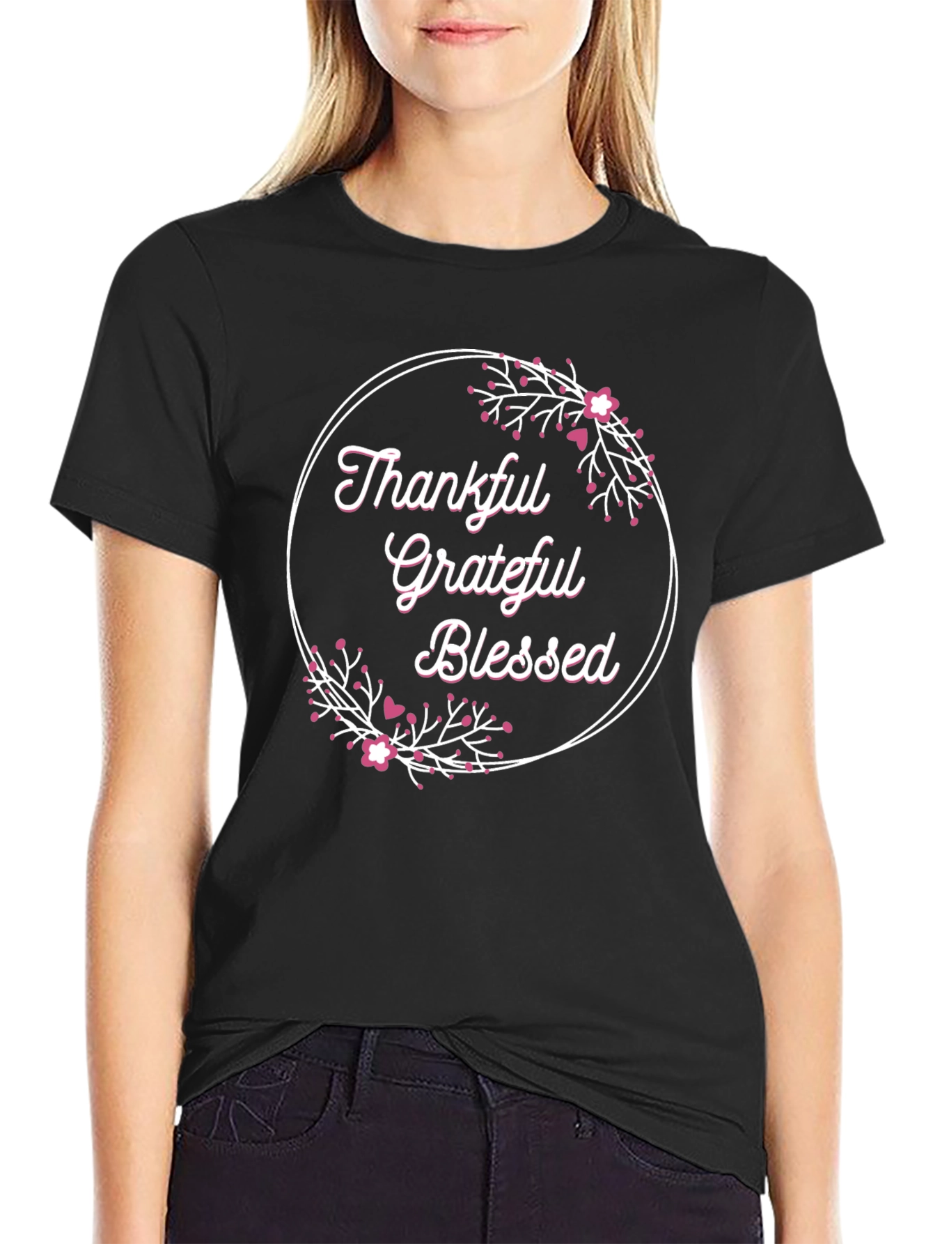Thankful Grateful Blessed T-Shirt - Floral Design