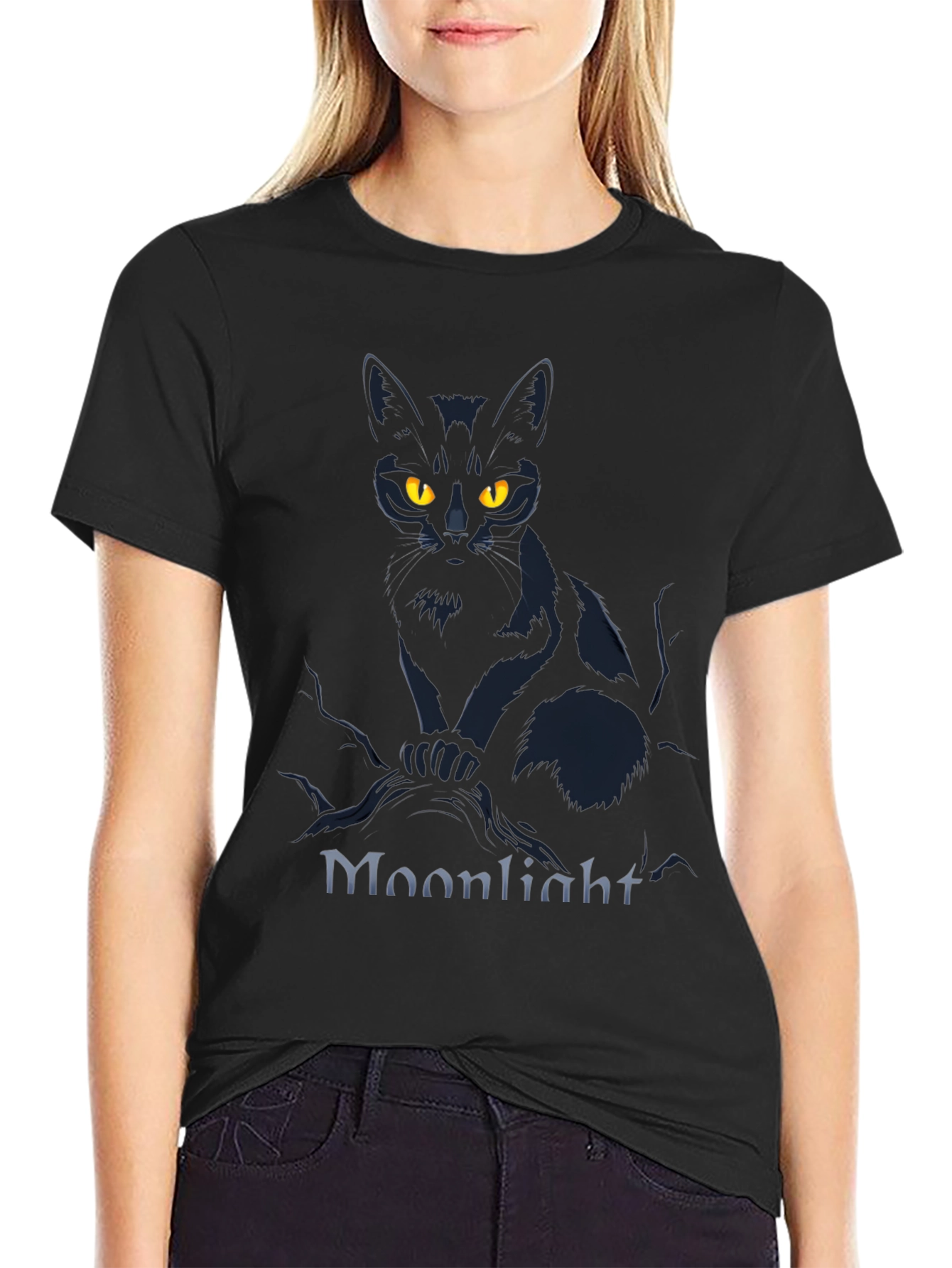 Moonlight Cat Graphic Tee - Mens Black T-Shirt
