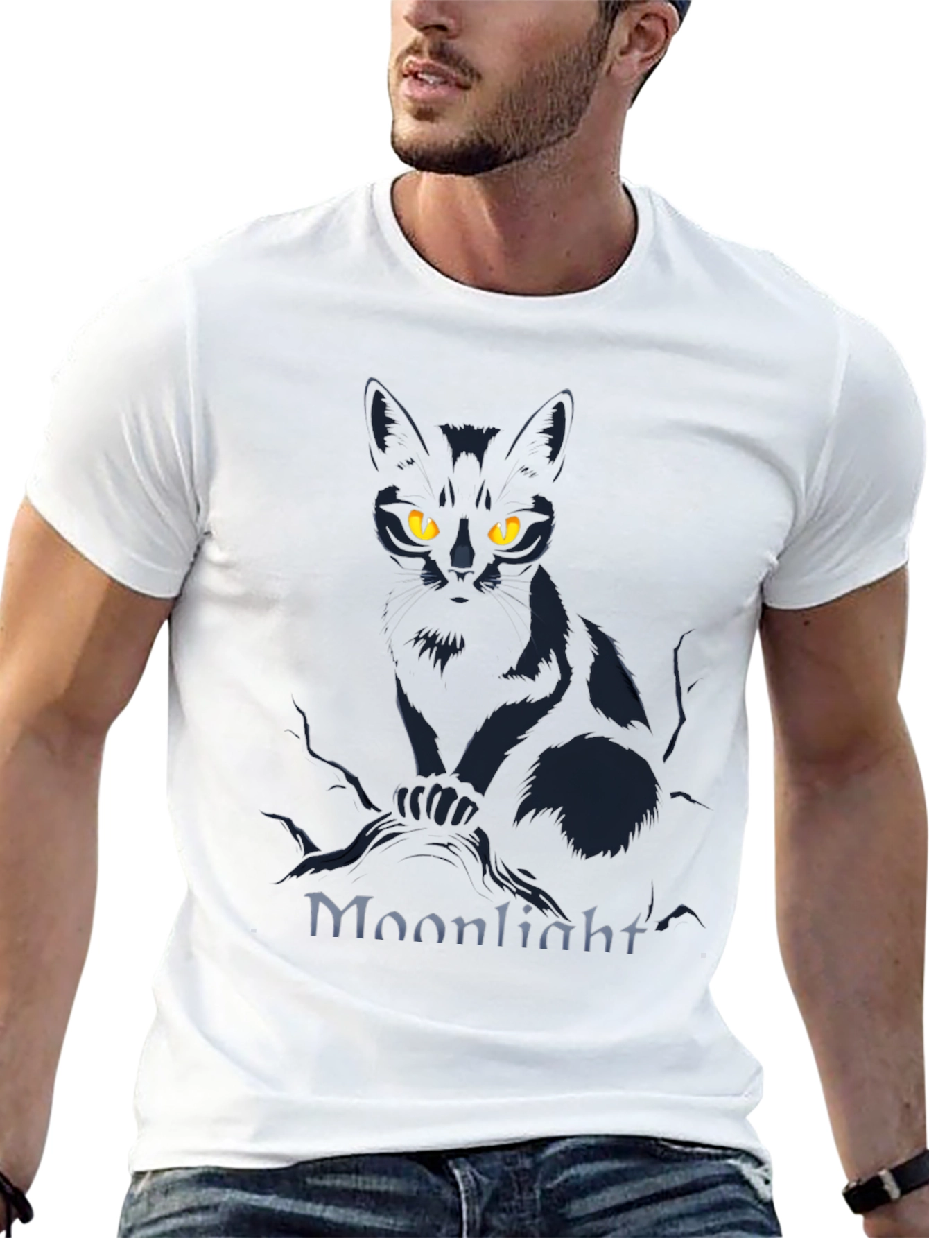 Moonlight Cat Graphic Tee - Mens Black T-Shirt