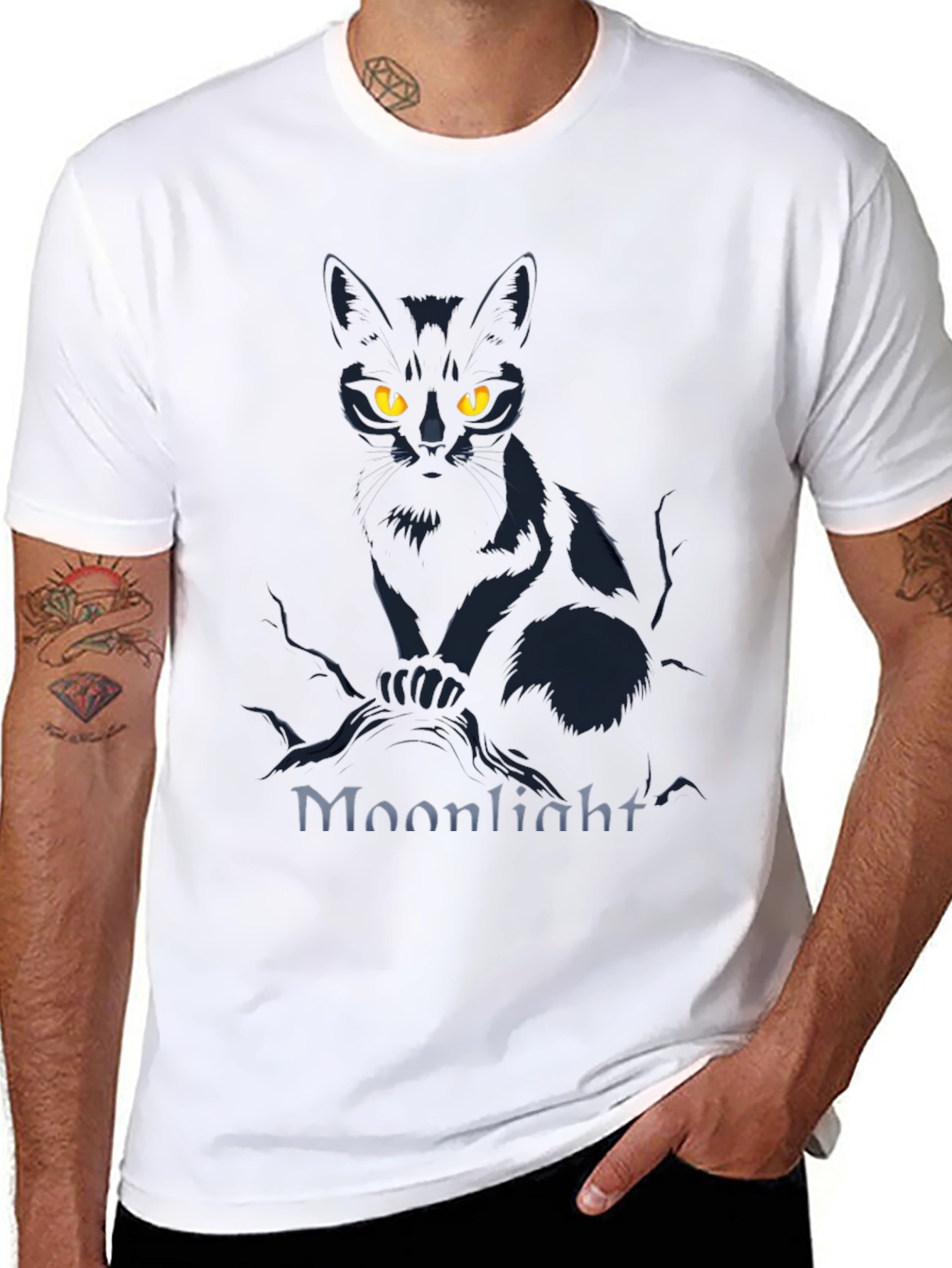 Moonlight Cat Graphic Tee - Mens Black T-Shirt