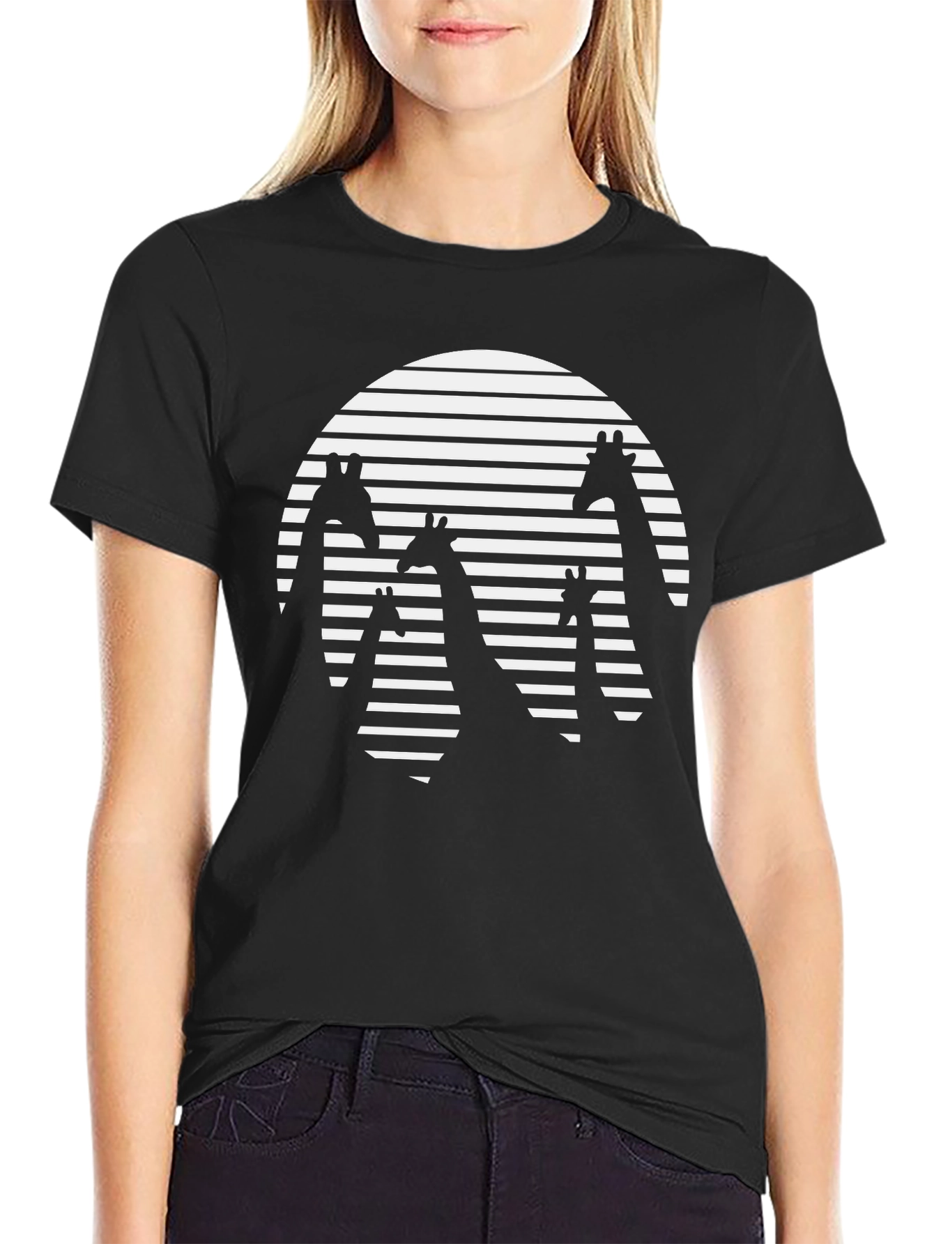 Giraffe Silhouette Striped Circle Graphic Tee