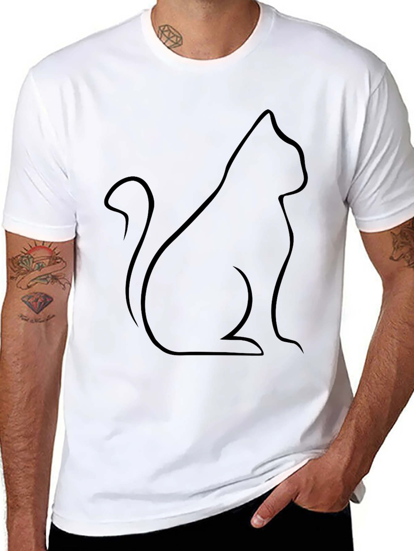 Black Cat Outline T-Shirt - Minimalist Design