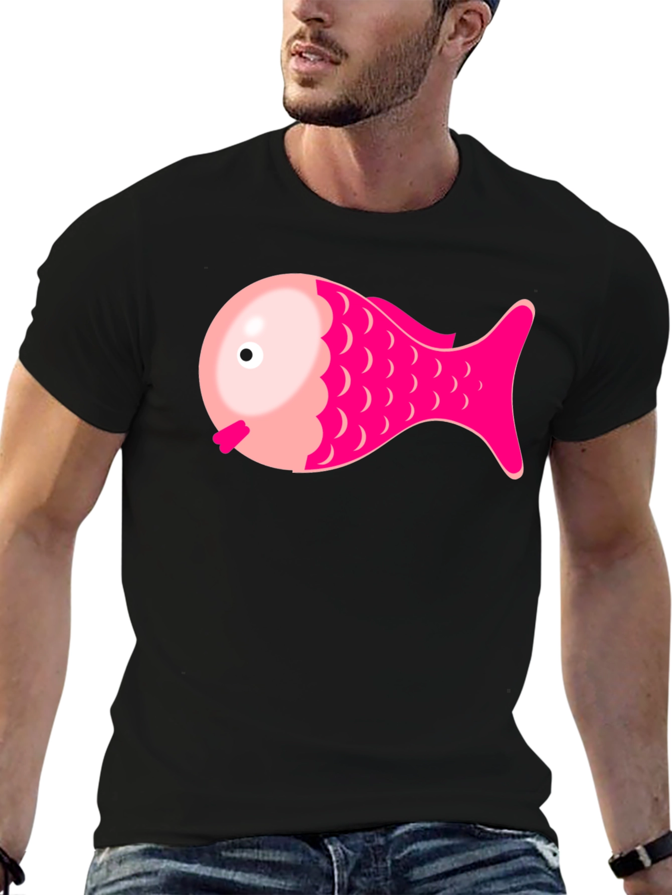 Pink Fish Graphic Tee - Black Cotton Blend Shirt