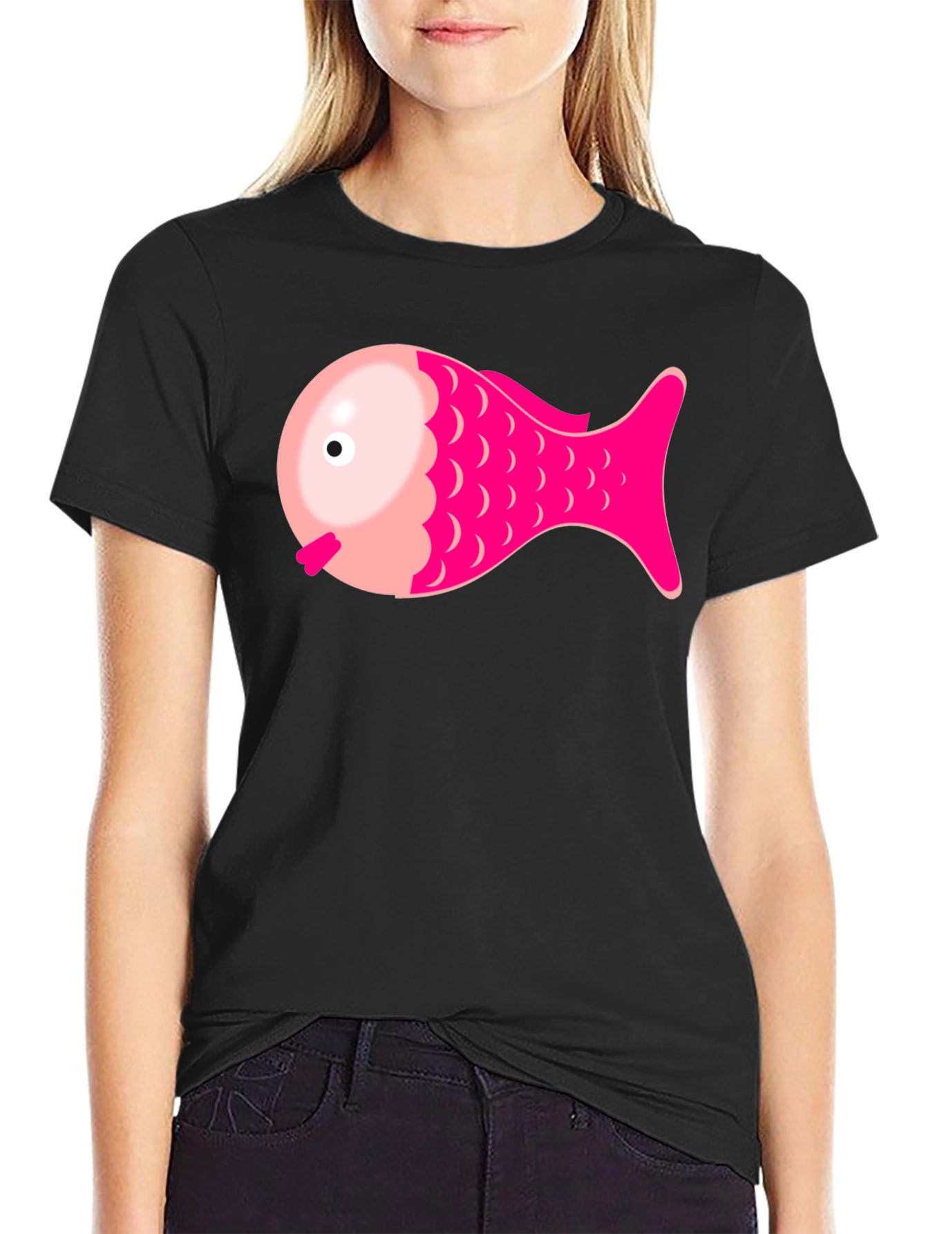 Pink Fish Graphic Tee - Black Cotton Blend Shirt