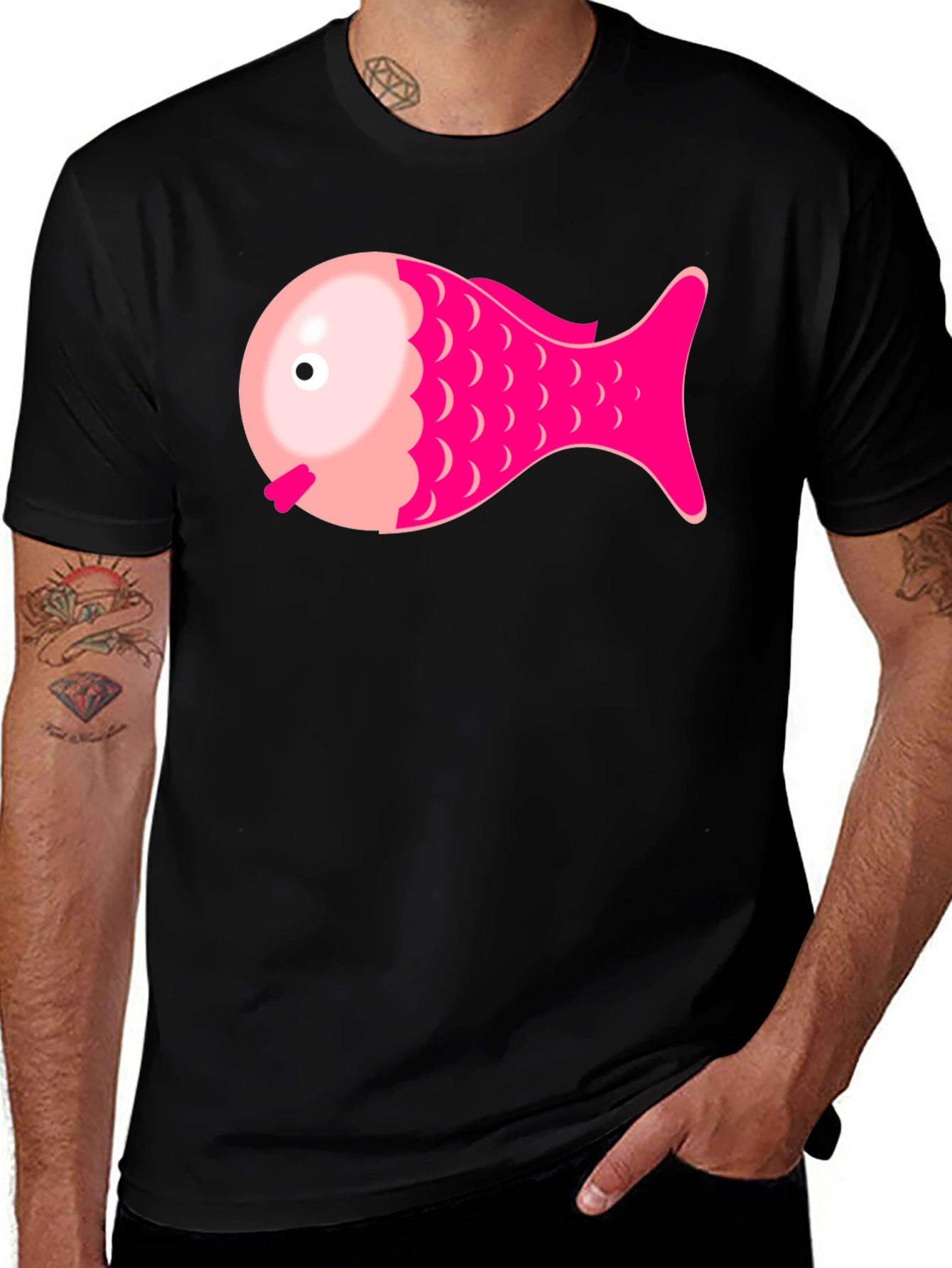 Pink Fish Graphic Tee - Black Cotton Blend Shirt
