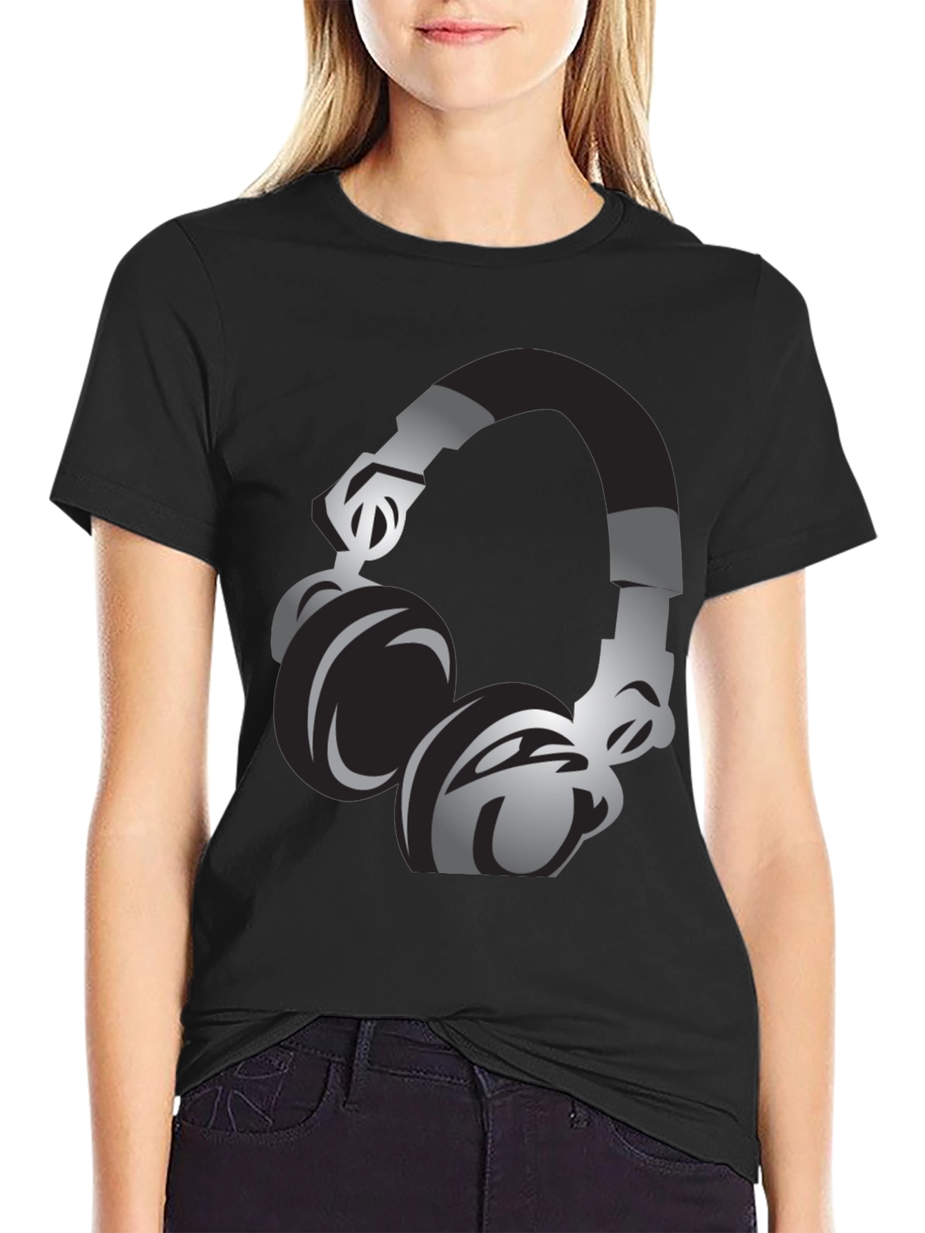 Black T-Shirt with Headphones Graphic