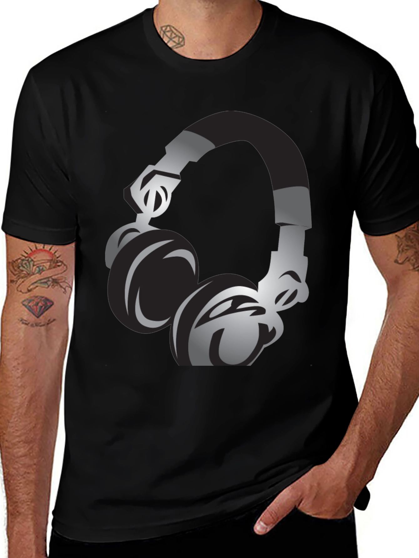 Black T-Shirt with Headphones Graphic