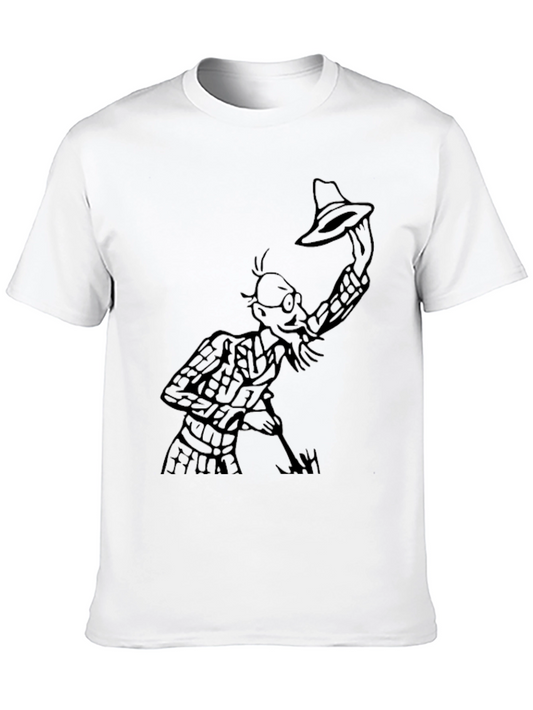 Black T-Shirt with Cartoon Man Holding Hat