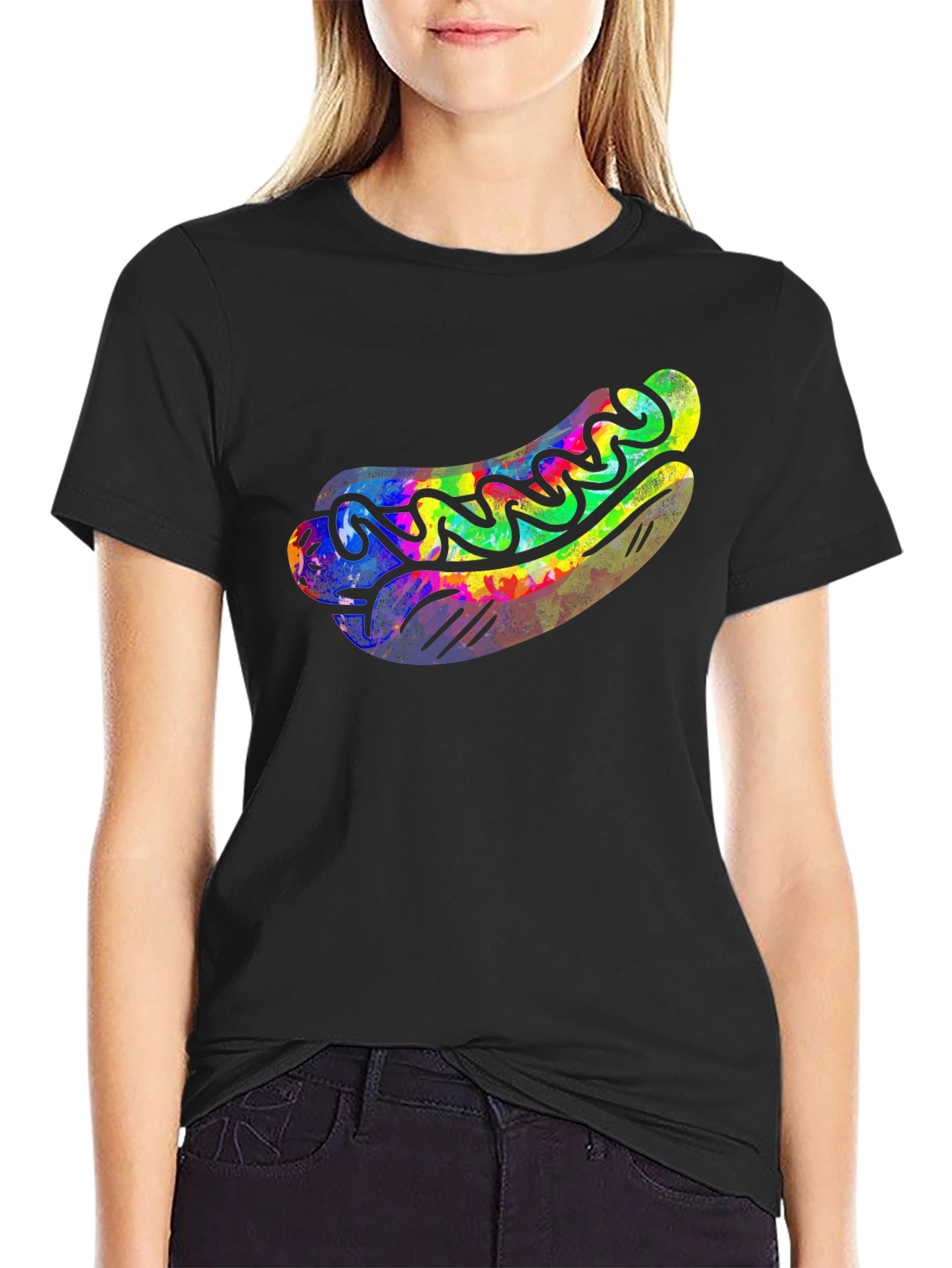 Funky Hot Dog Graphic Tee - Black Cotton T-Shirt