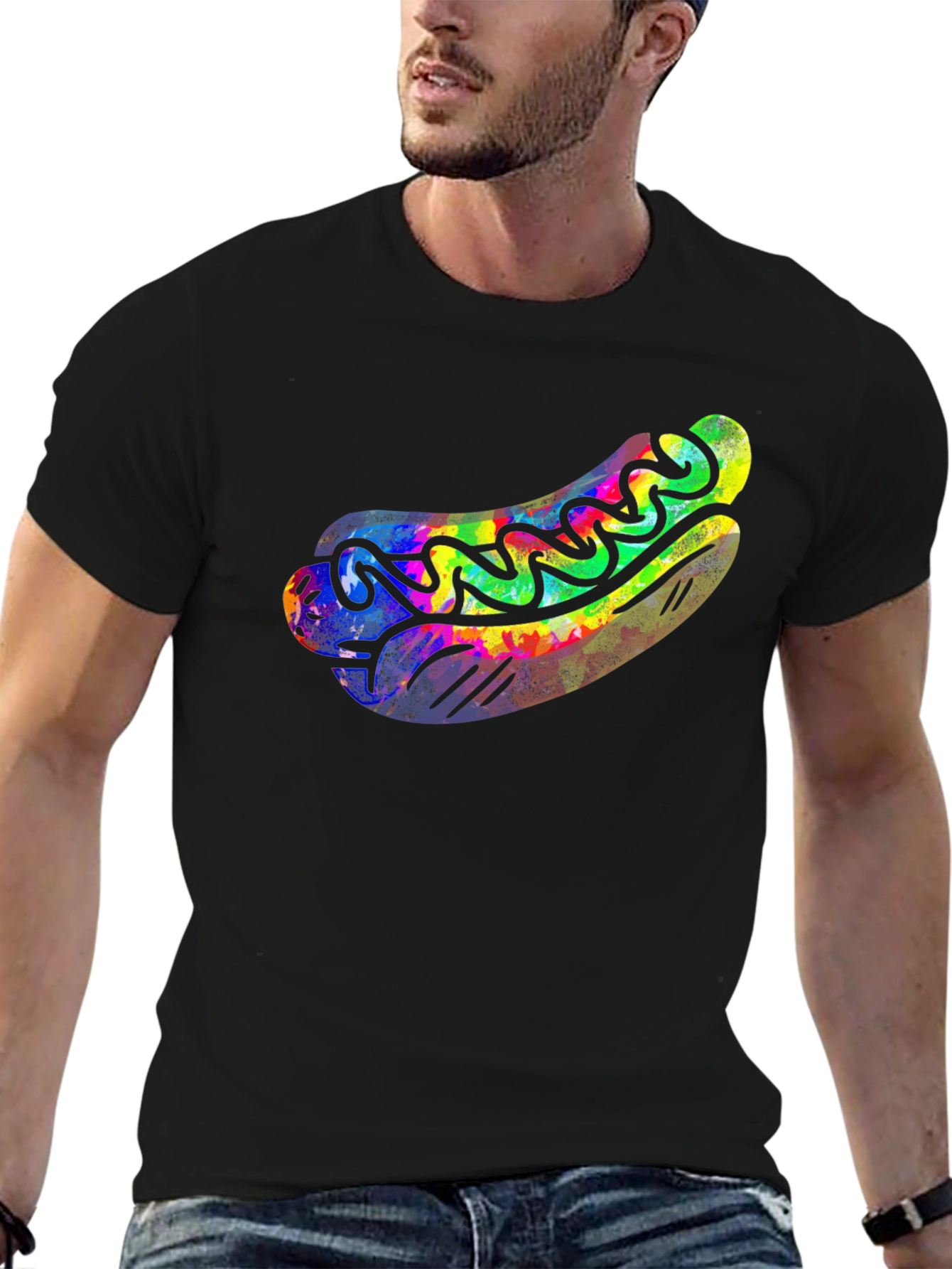 Funky Hot Dog Graphic Tee - Black Cotton T-Shirt