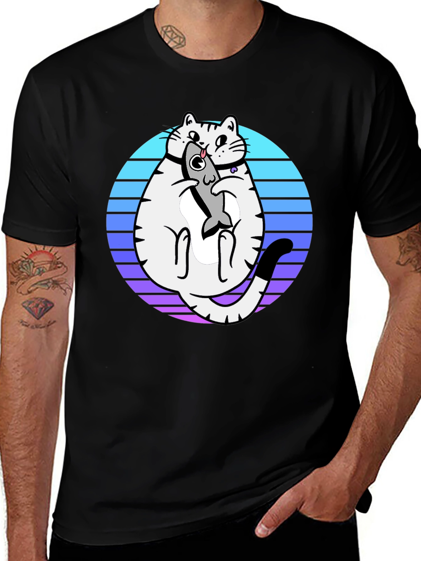 Cat Holding Fish Graphic T-Shirt - Black