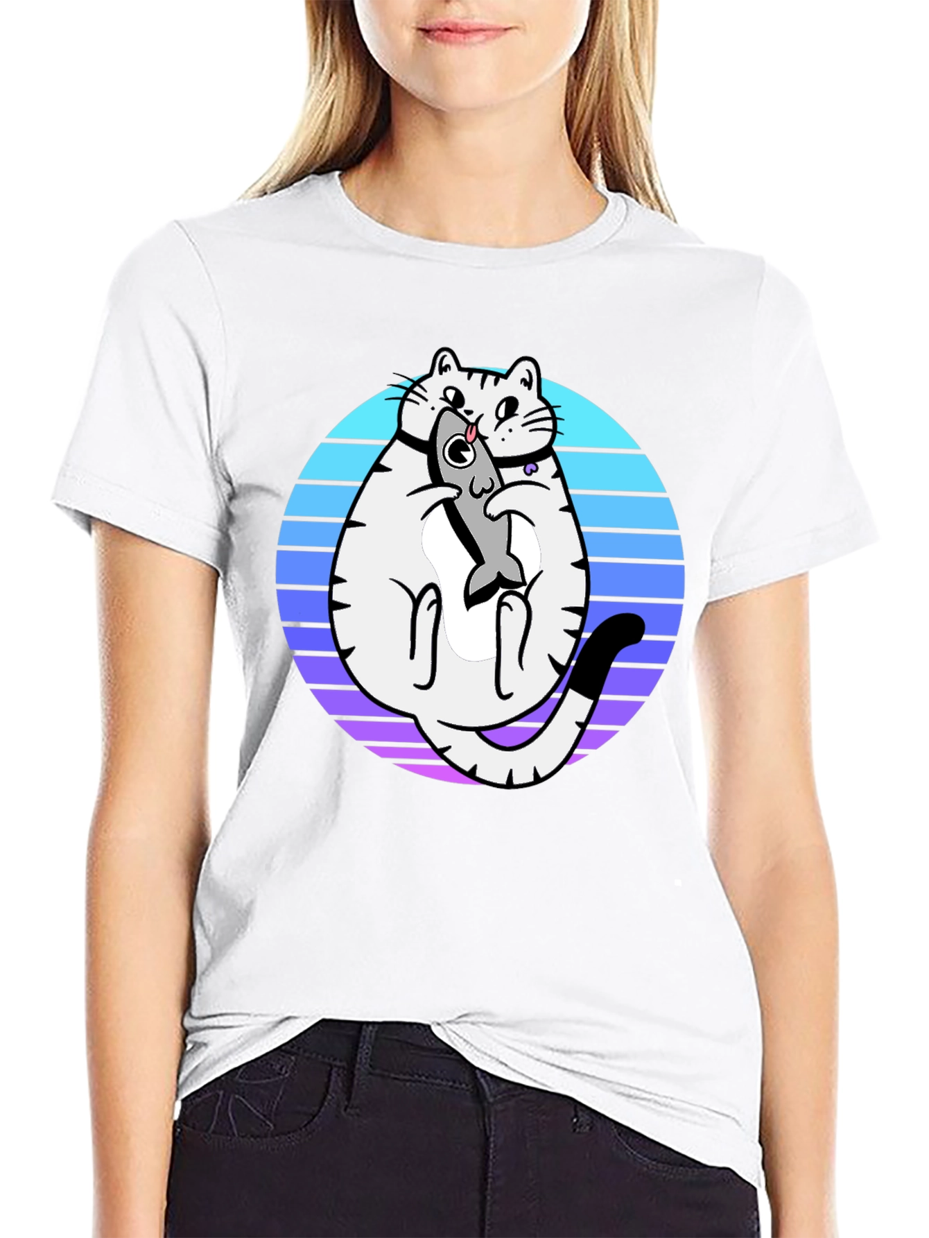 Cat Holding Fish Graphic T-Shirt - Black