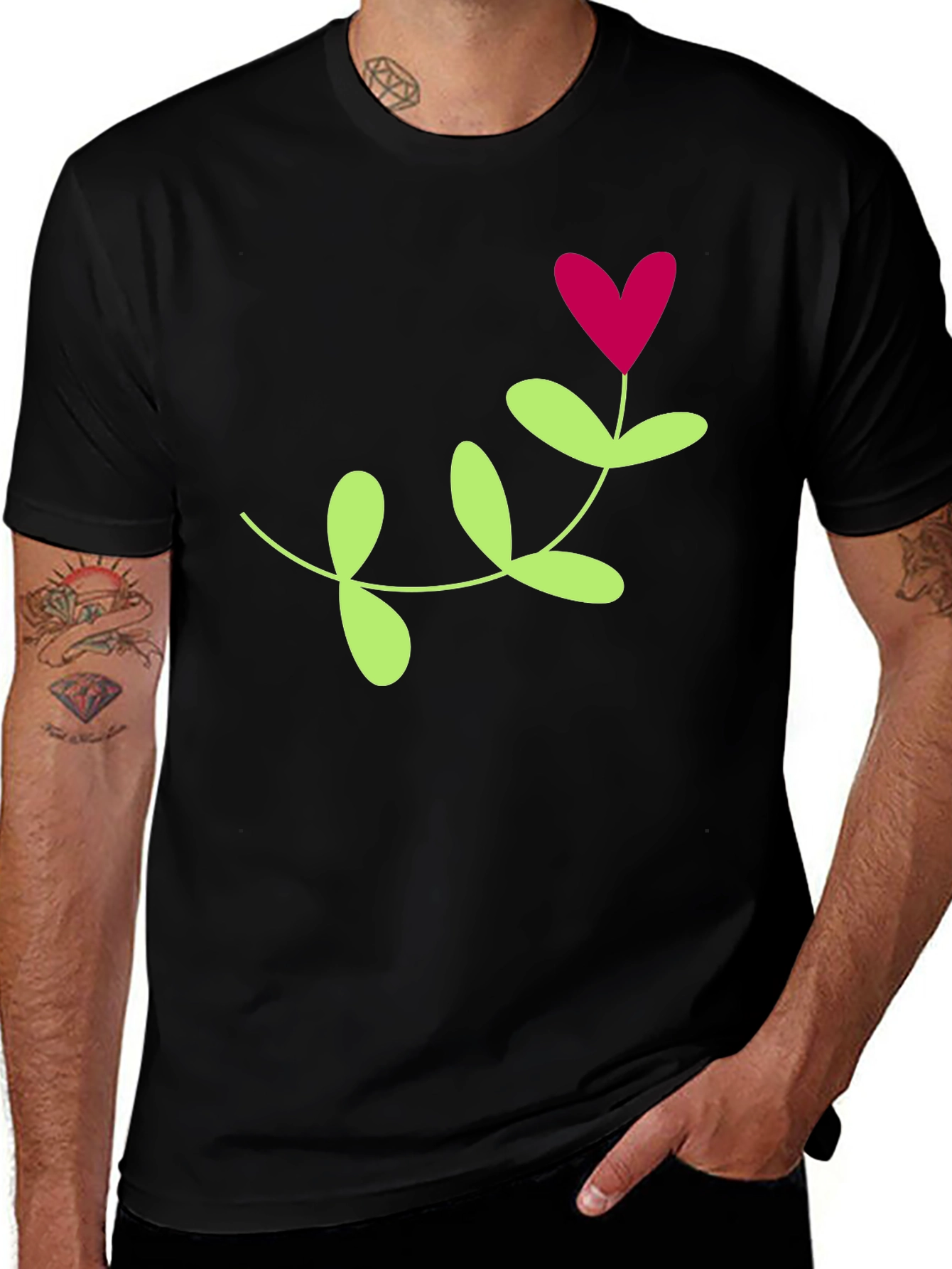 Black T-Shirt with Heart Plant Graphic