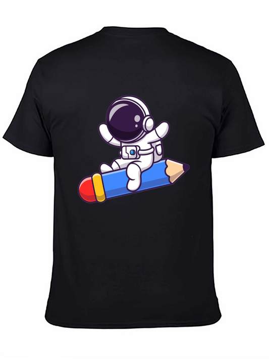 Astronaut Pencil Ride T-Shirt - Black Cotton Graphic Tee
