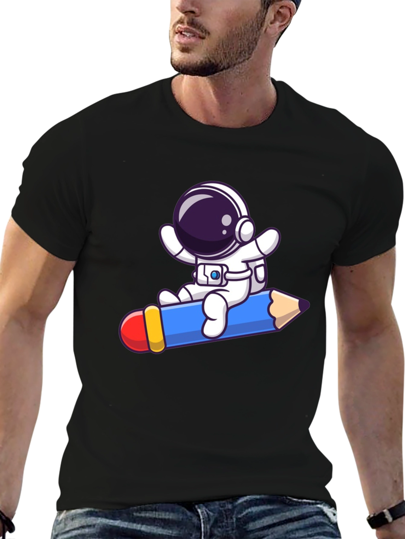 Astronaut Pencil Ride T-Shirt - Black Cotton Graphic Tee