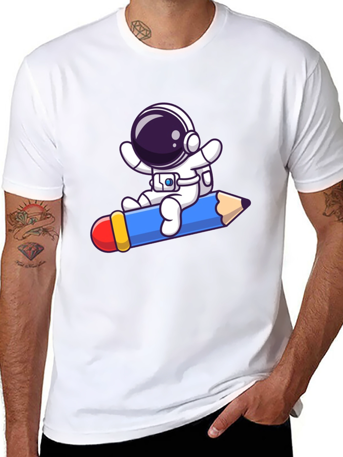 Astronaut Pencil Ride T-Shirt - Black Cotton Graphic Tee