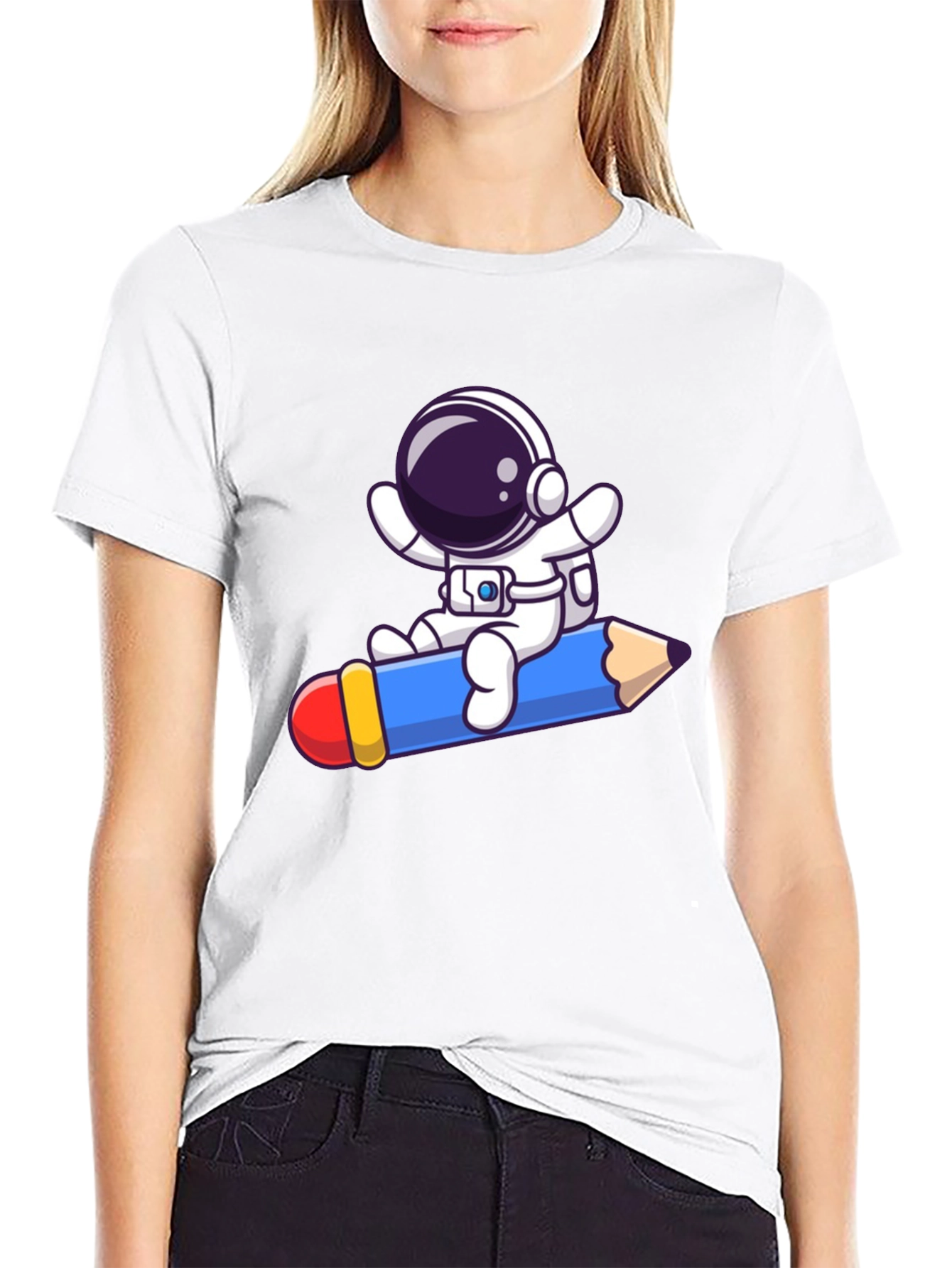 Astronaut Pencil Ride T-Shirt - Black Cotton Graphic Tee