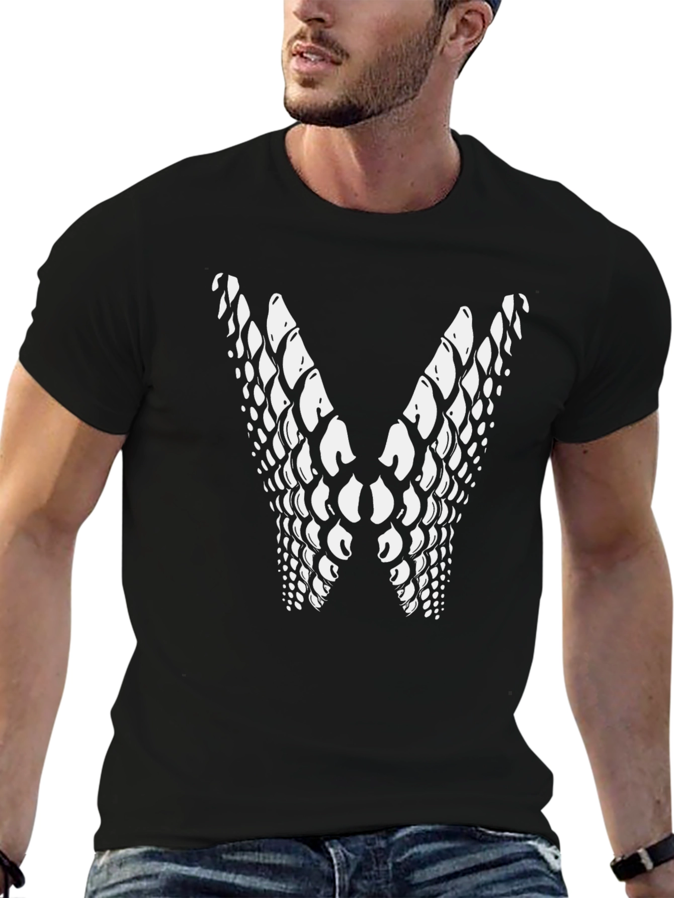 Graphic Snake Scale V-Shape Mens Black T-Shirt