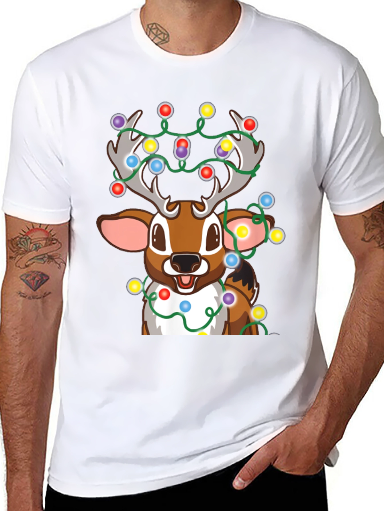 Christmas Reindeer Lights Graphic Tee - Holiday Fun