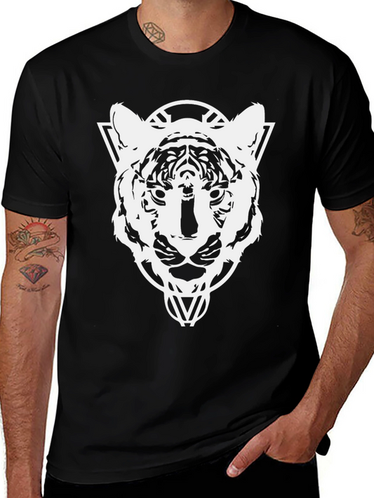 Geometric Tiger Head Graphic T-Shirt - Black