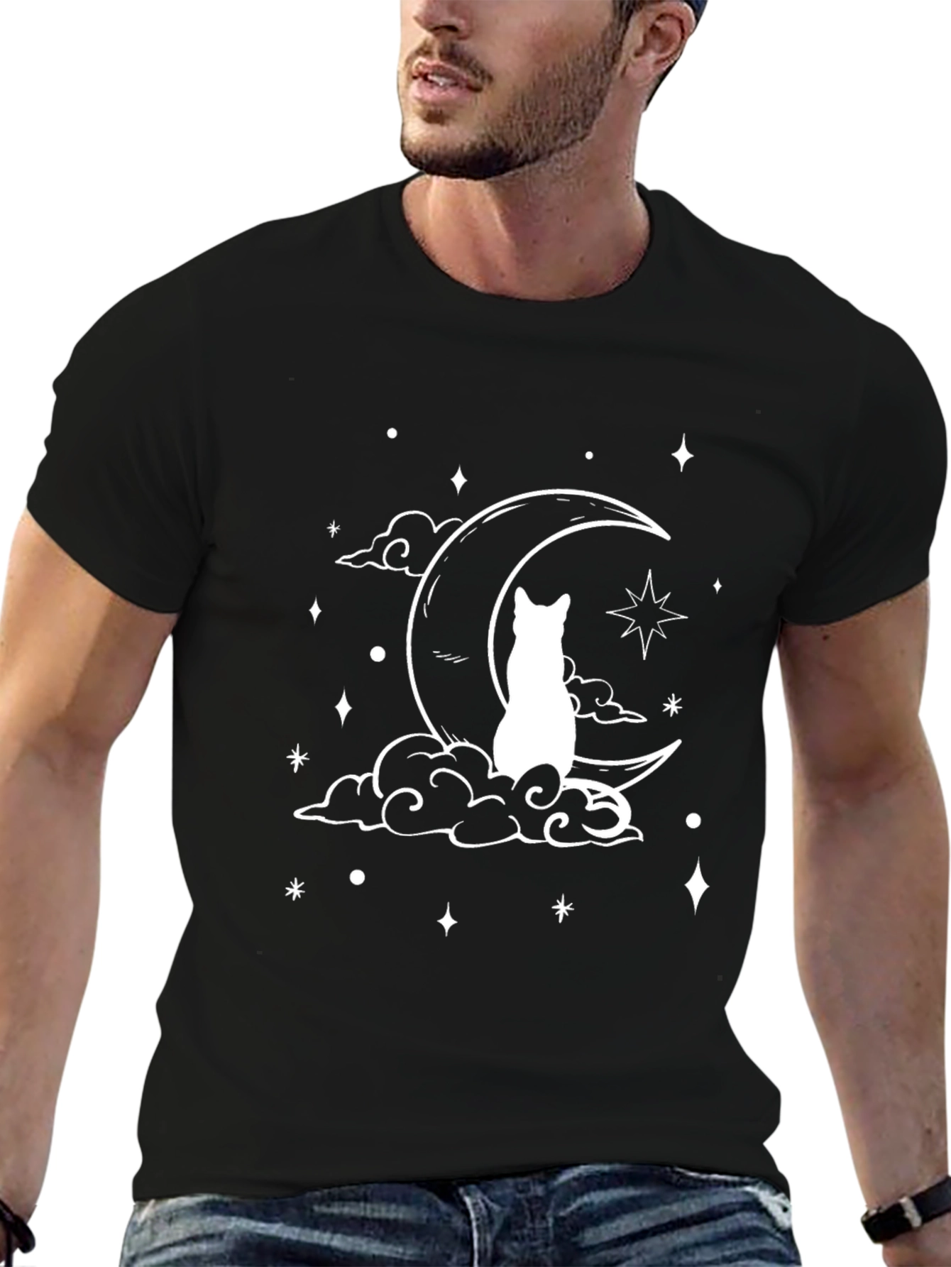 Cat on Moon T-Shirt - Black Graphic Tee