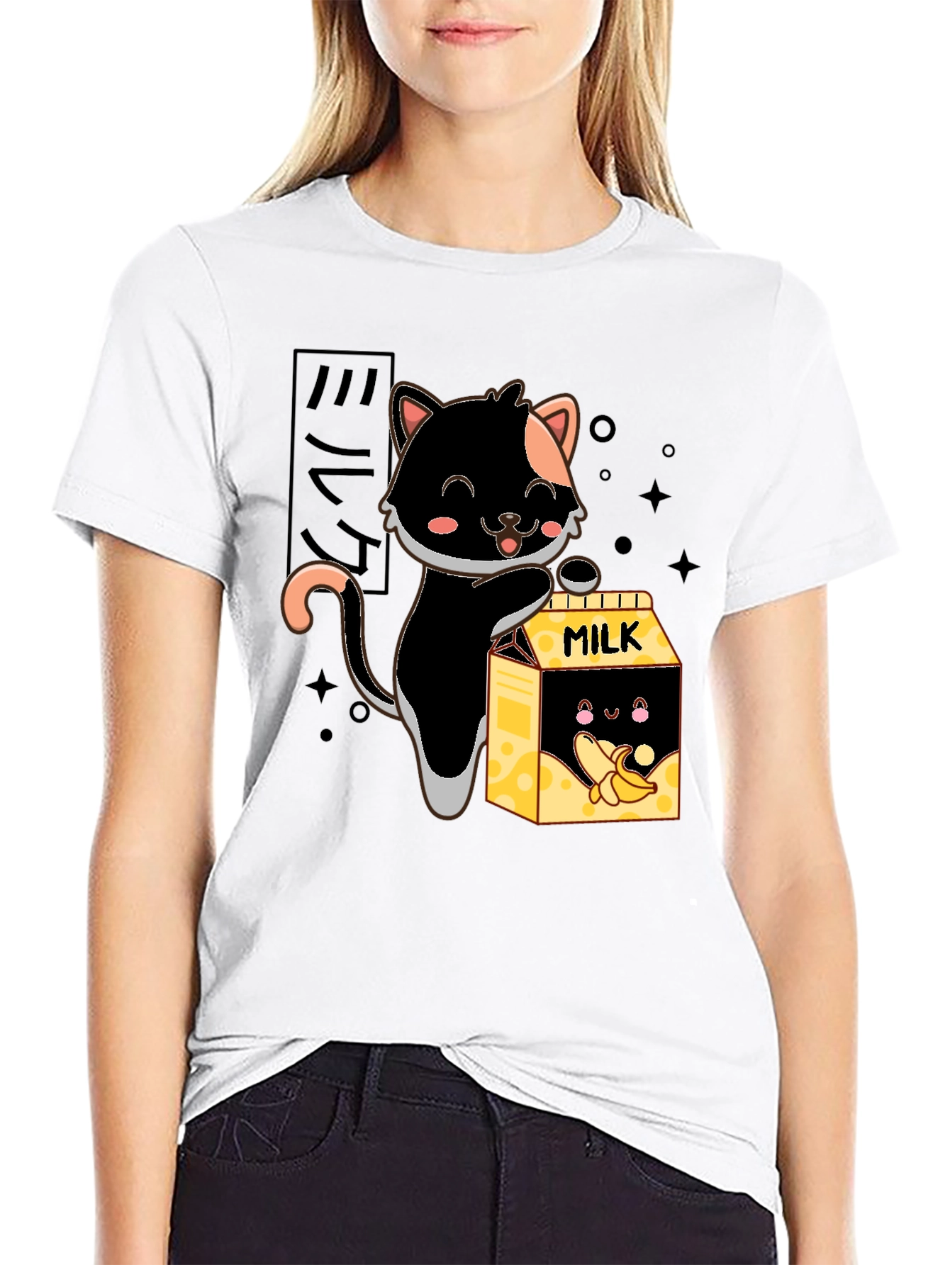 Cute Cat & Banana Milk Graphic T-Shirt