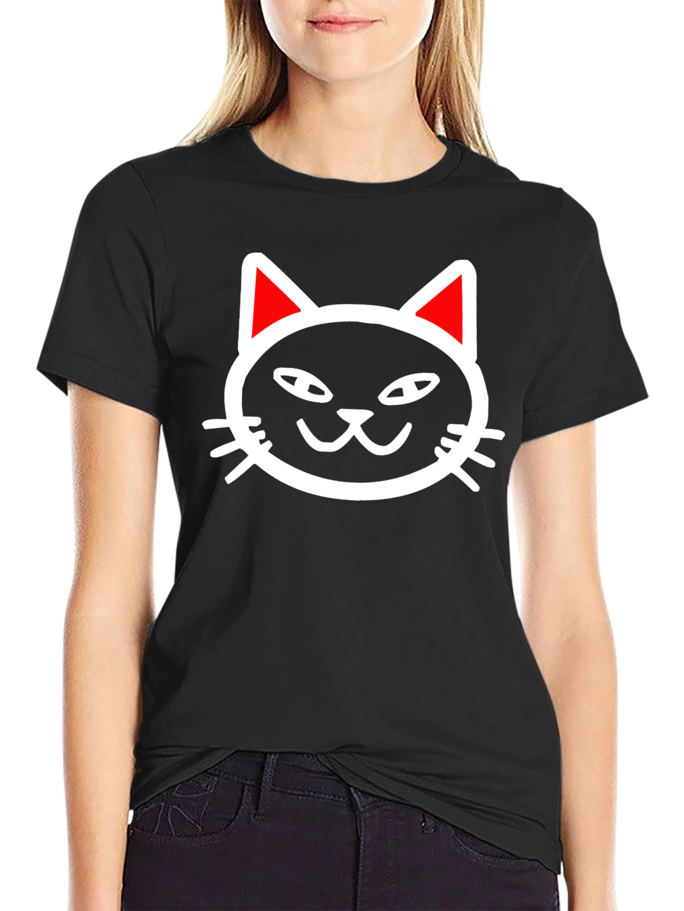 Cool Cat Face Graphic Tee - Black Cotton T-Shirt
