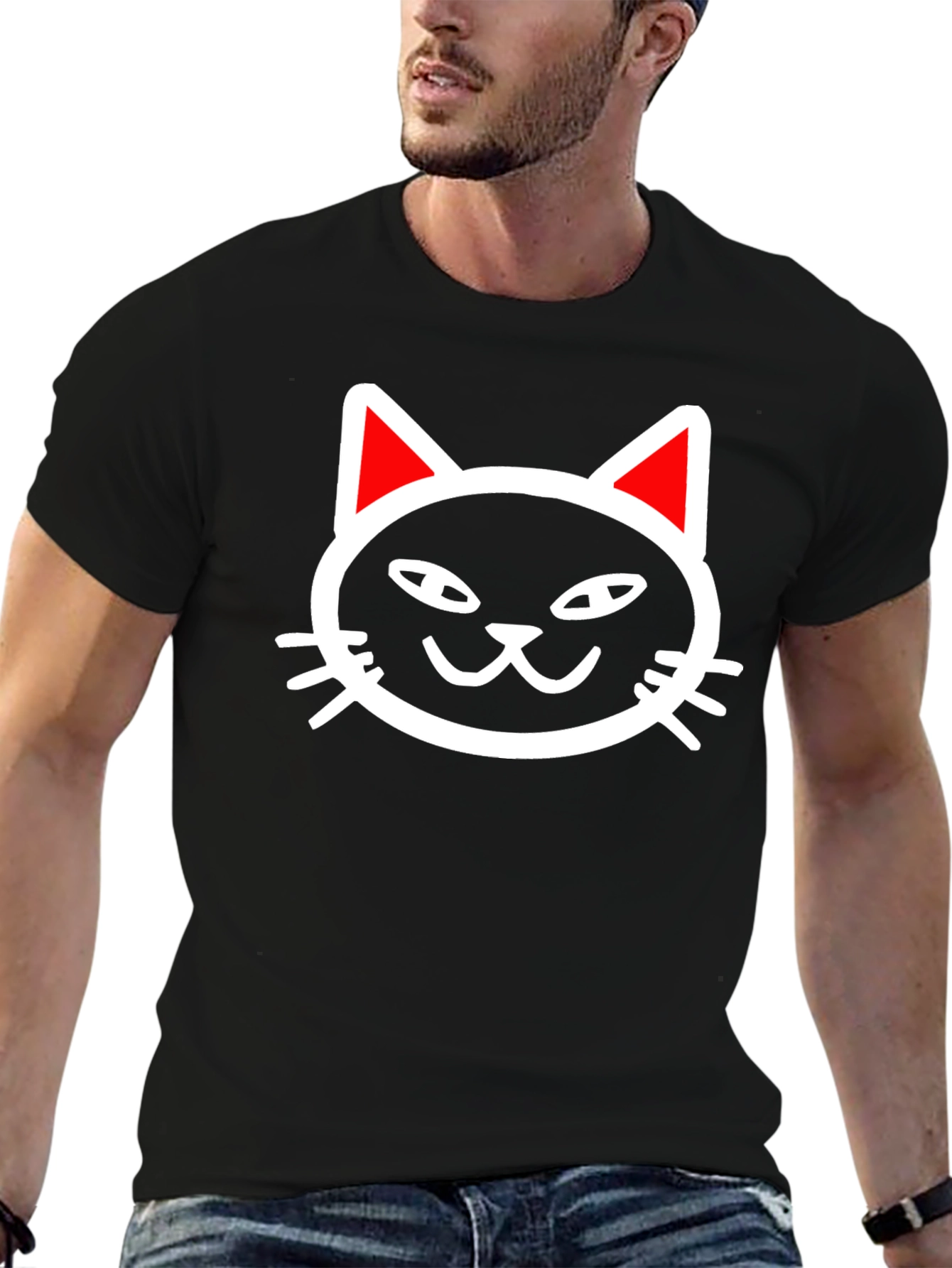 Cool Cat Face Graphic Tee - Black Cotton T-Shirt