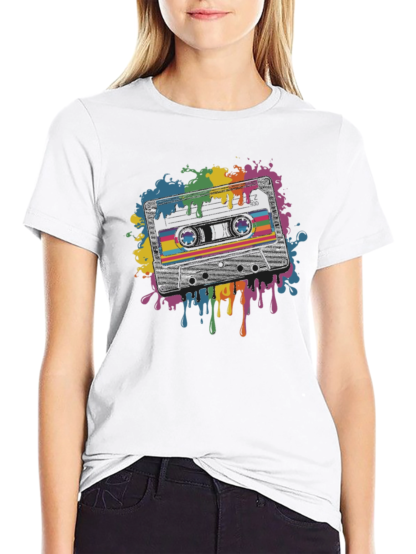 Retro Cassette Tape Graphic Tee - Black Cotton Blend