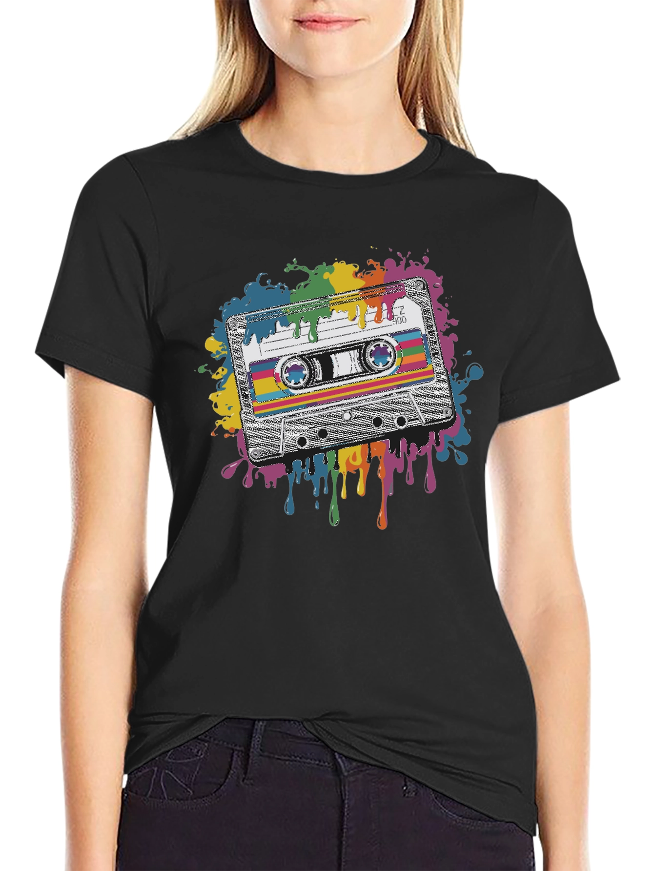 Retro Cassette Tape Graphic Tee - Black Cotton Blend