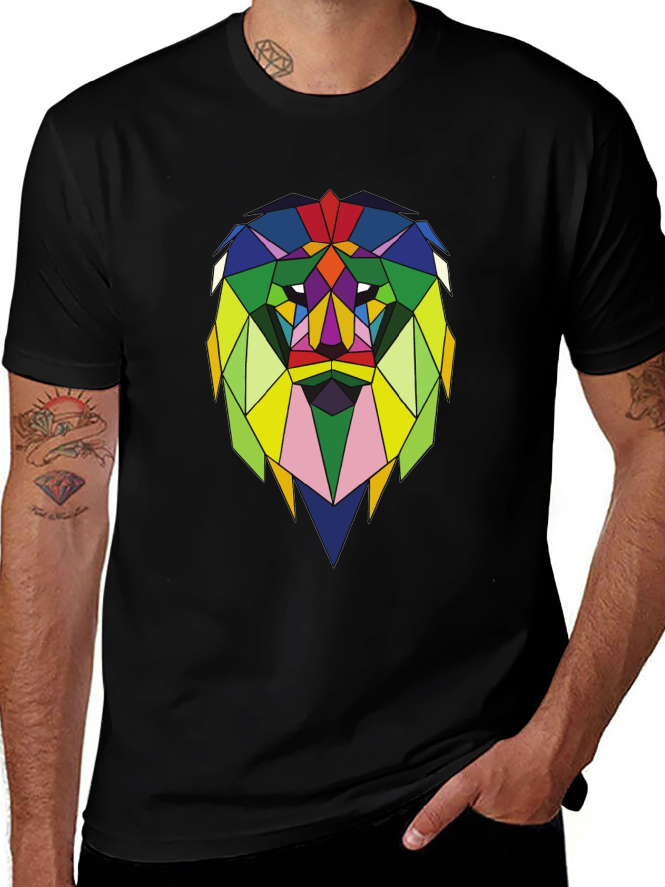 Geometric Lion Graphic Tee - Stylish Mens Black T-Shirt