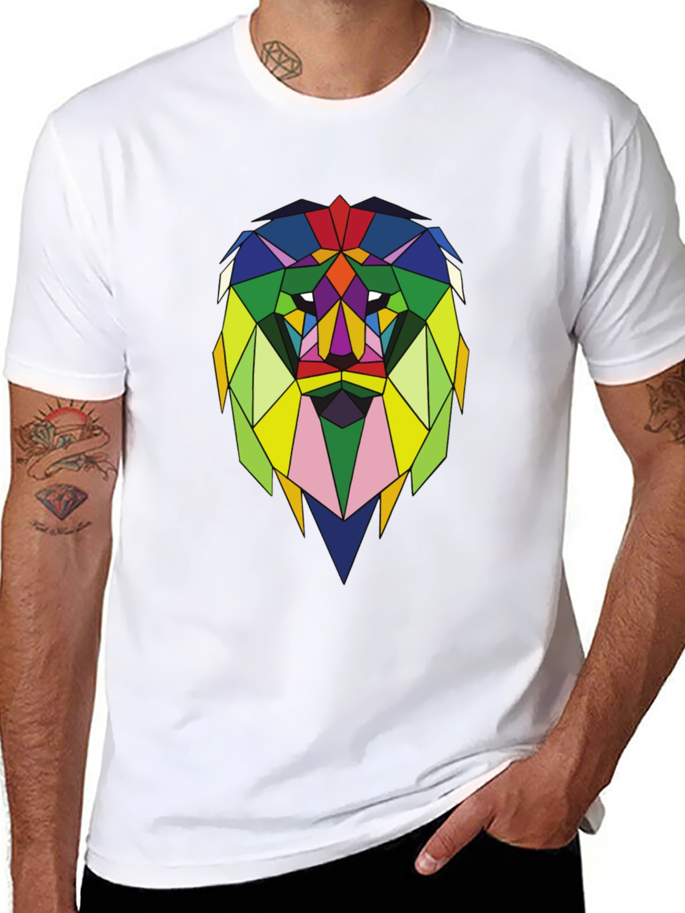 Geometric Lion Graphic Tee - Stylish Mens Black T-Shirt