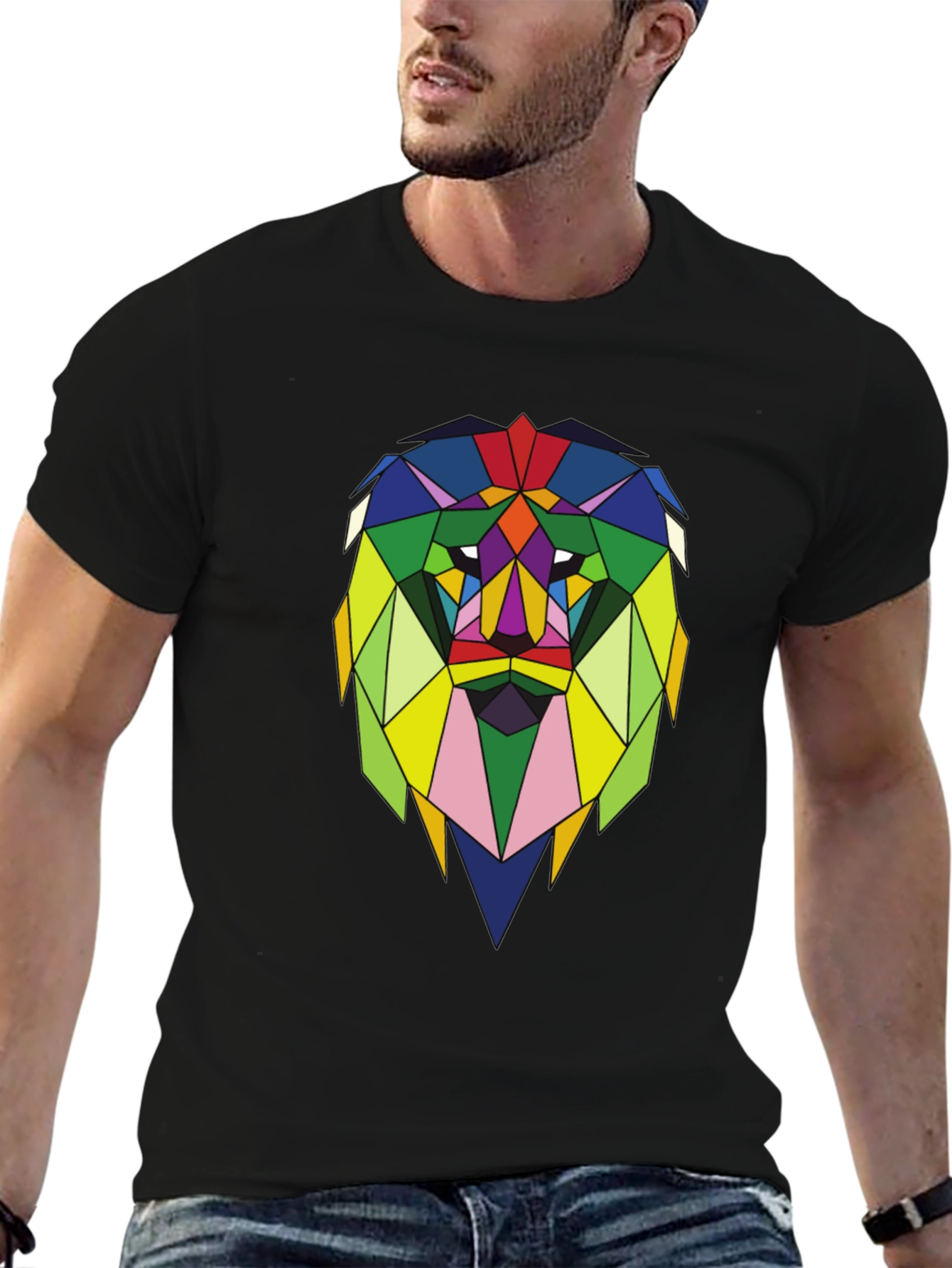 Geometric Lion Graphic Tee - Stylish Mens Black T-Shirt