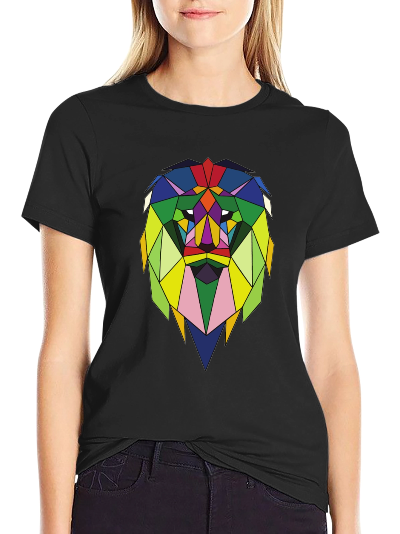 Geometric Lion Graphic Tee - Stylish Mens Black T-Shirt