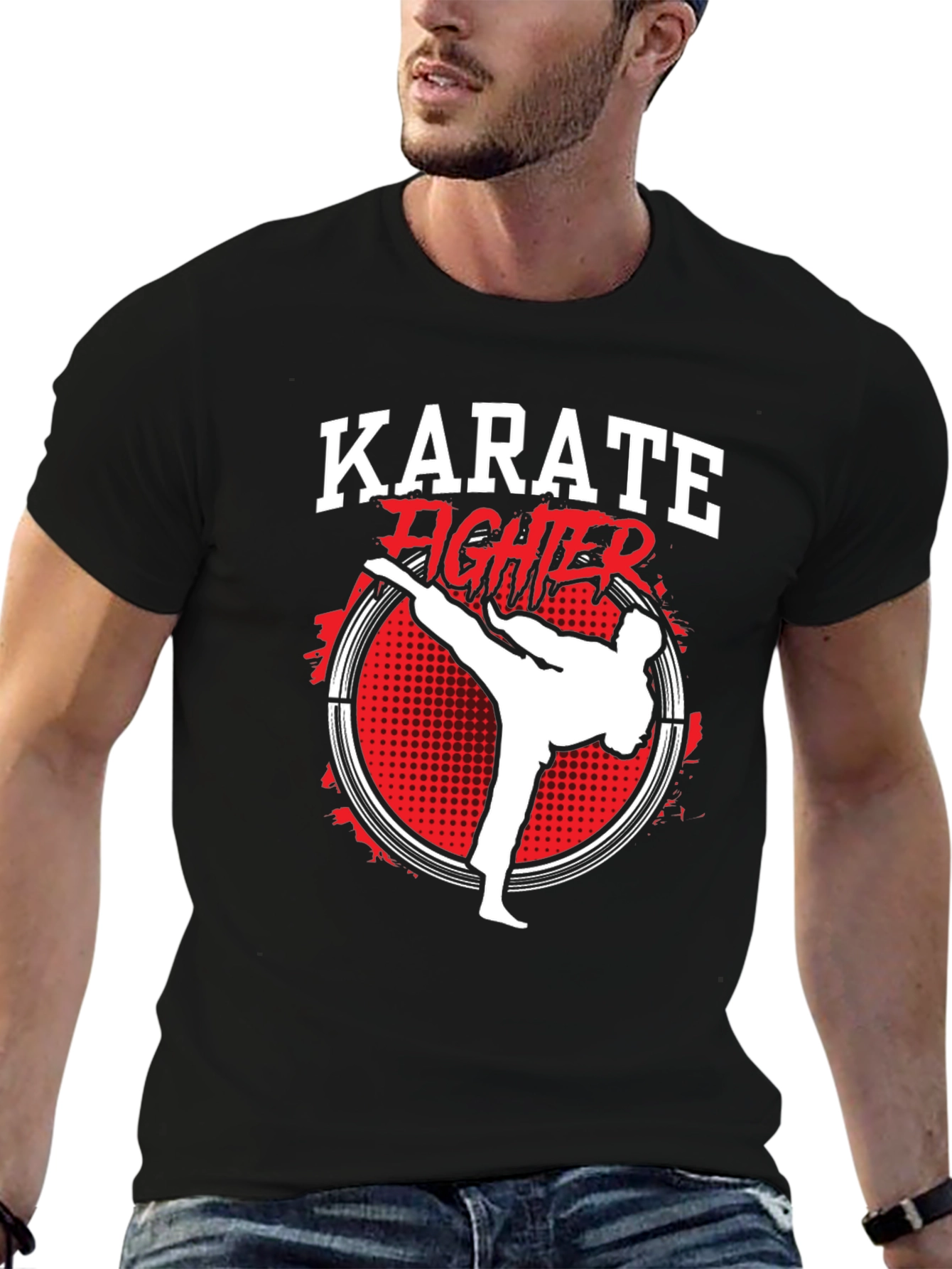 Karate Fighter Graphic Print Crew Neck T-Shirt