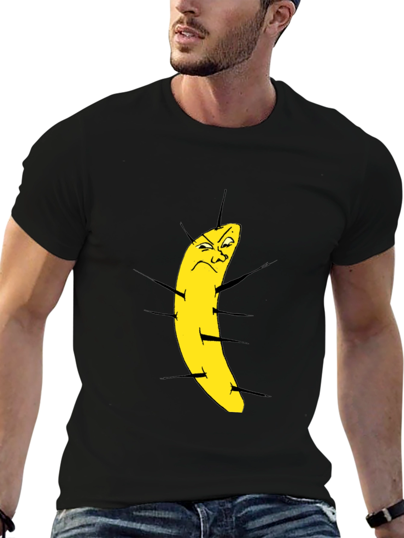 Funny Grumpy Banana Cartoon Black T-Shirt