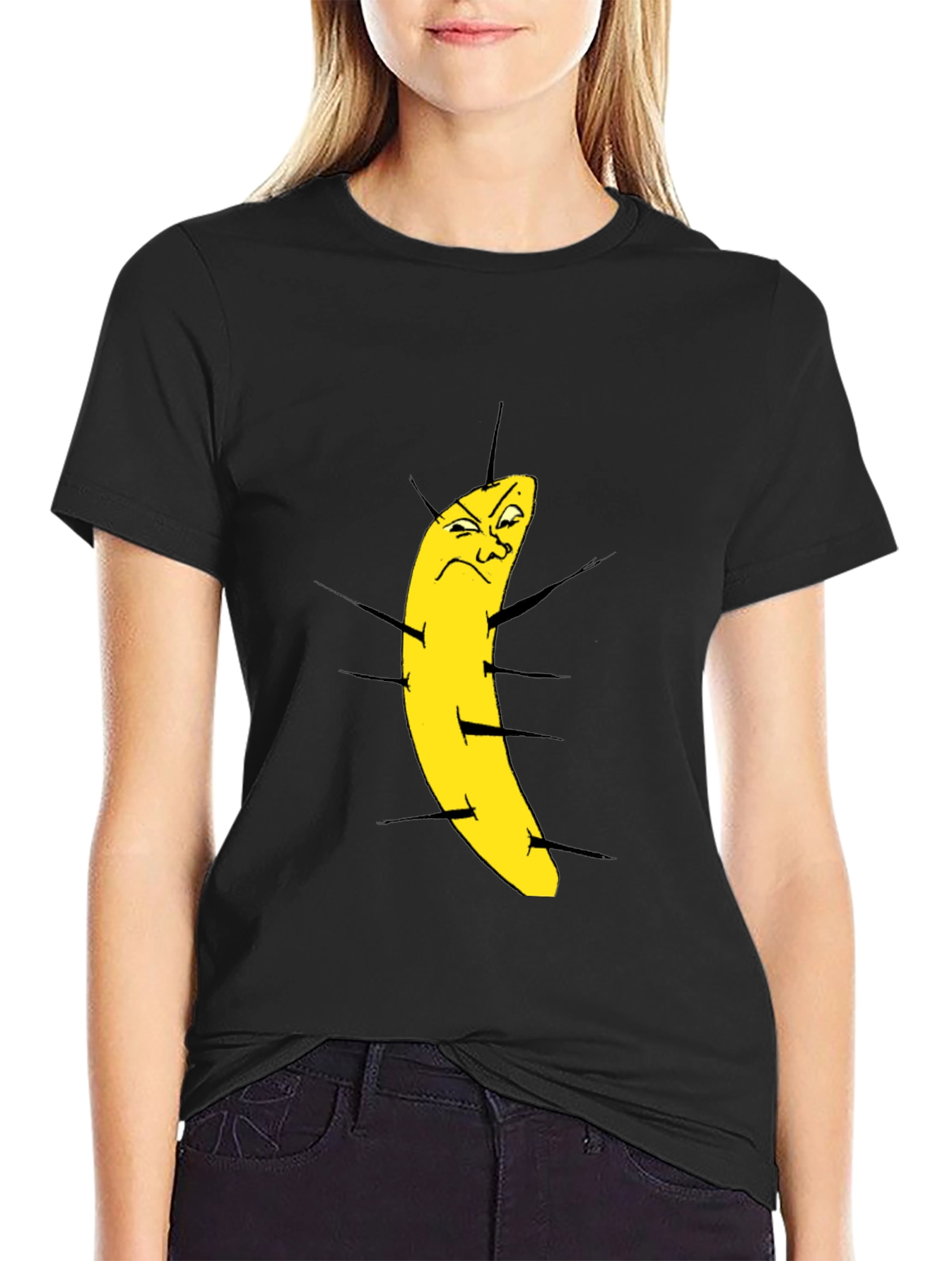 Funny Grumpy Banana Cartoon Black T-Shirt