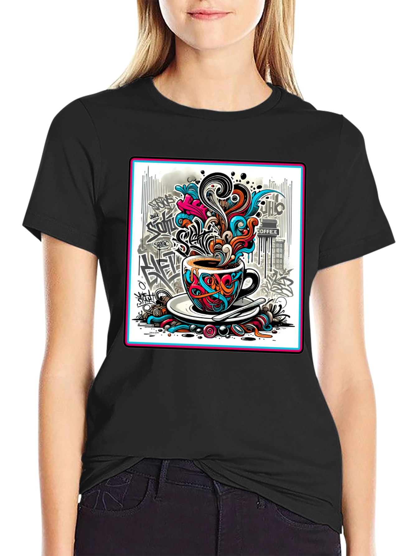 Graffiti Coffee Cup Black T-Shirt