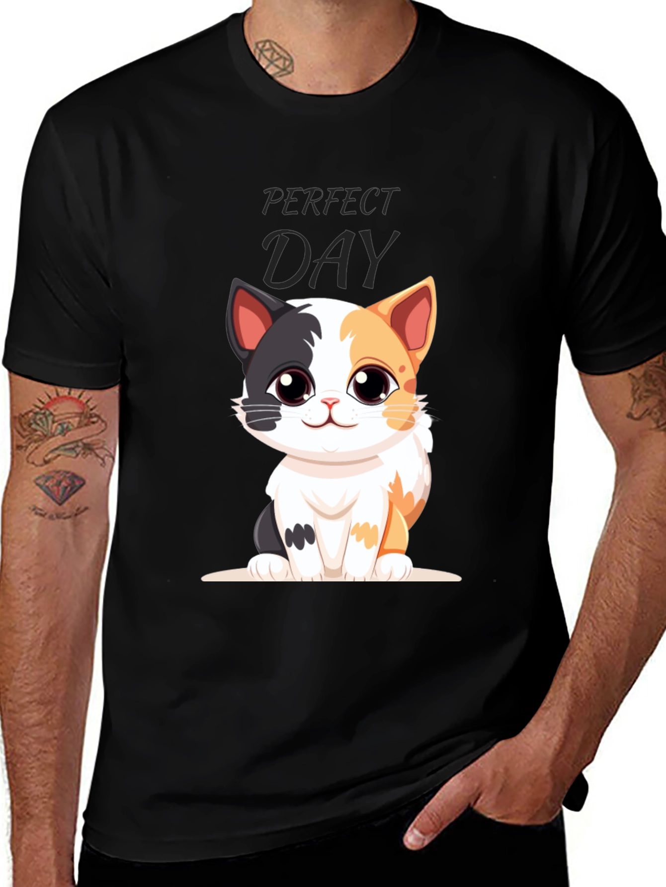 Perfect Day Cat Cartoon Black T-Shirt