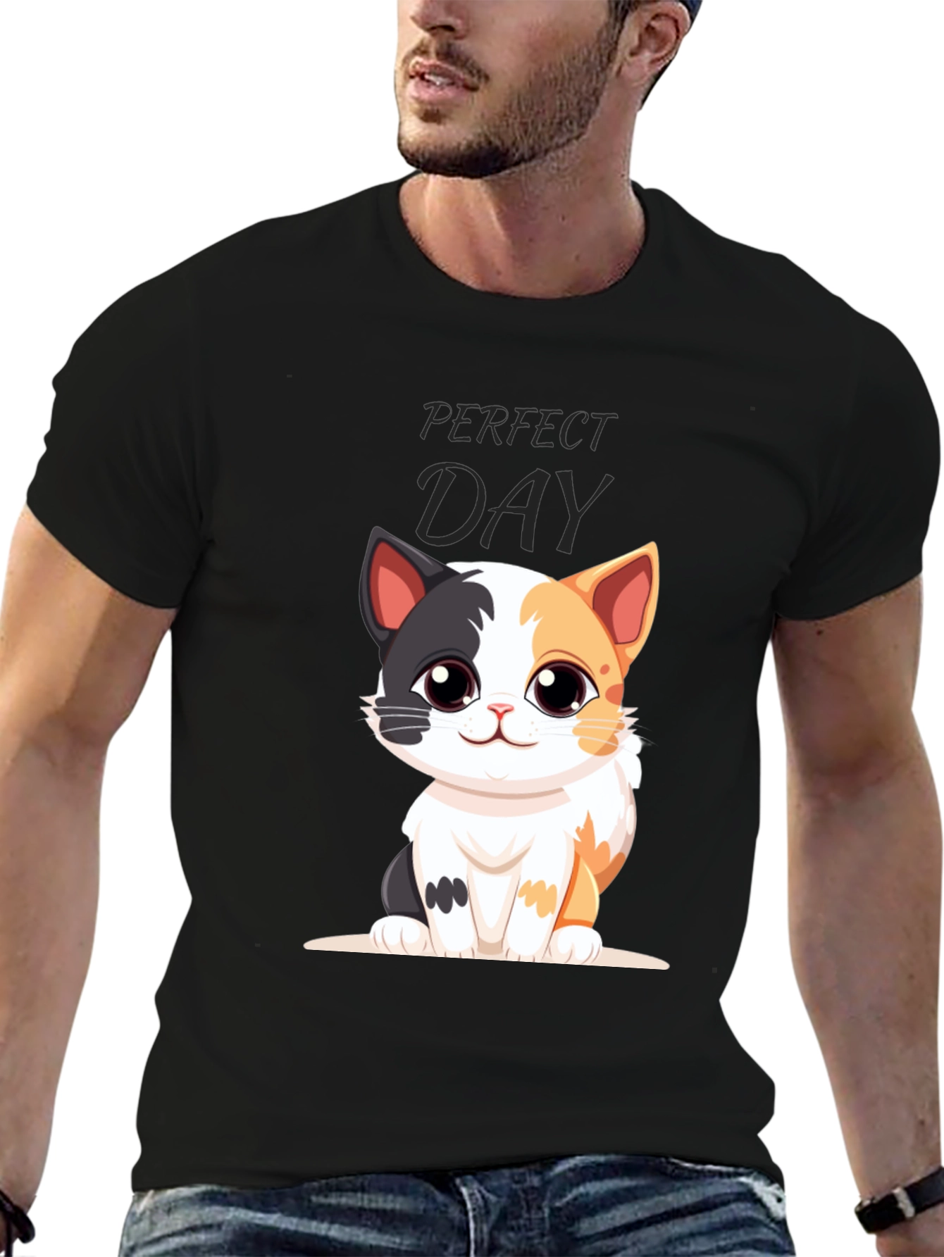 Perfect Day Cat Cartoon Black T-Shirt