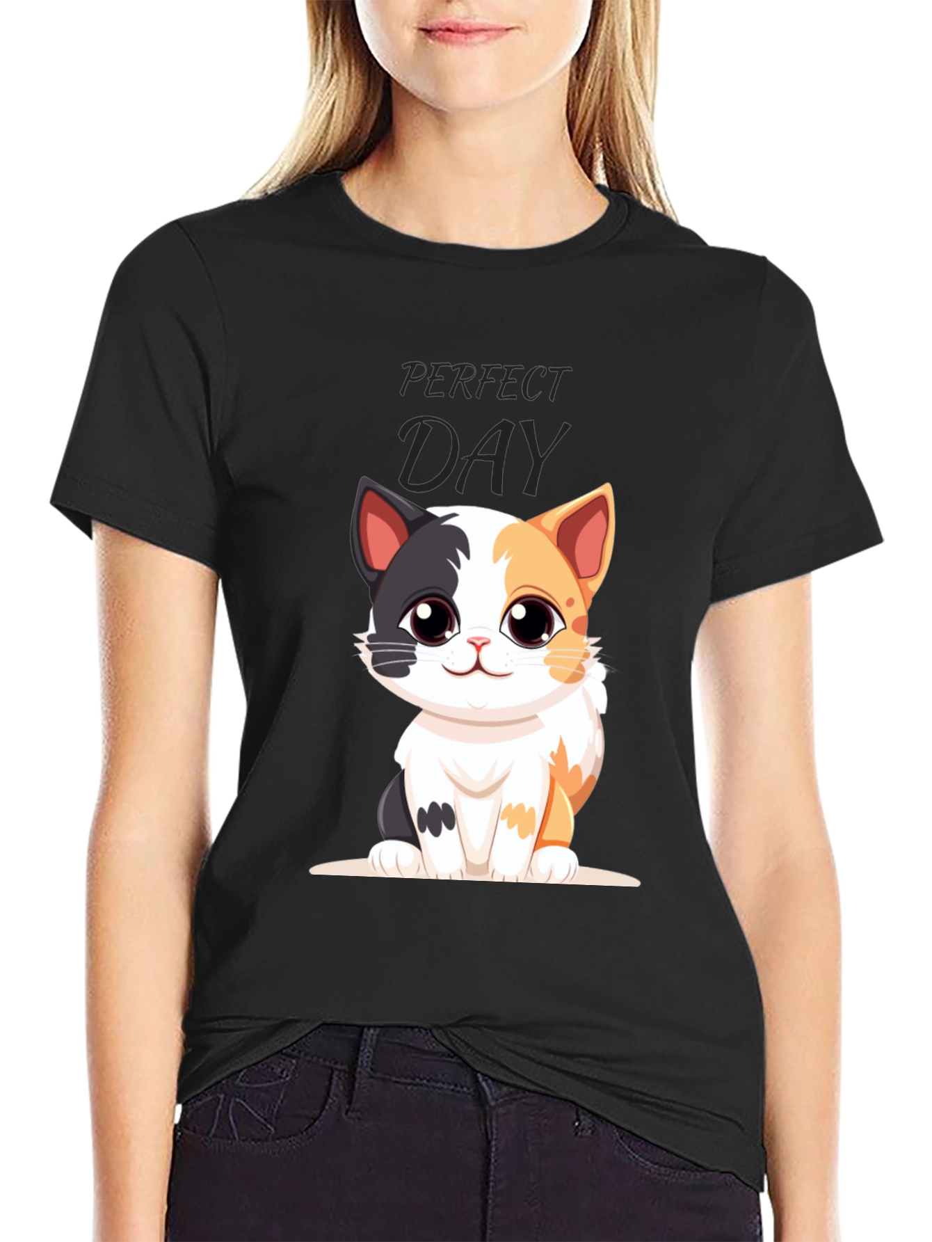 Perfect Day Cat Cartoon Black T-Shirt