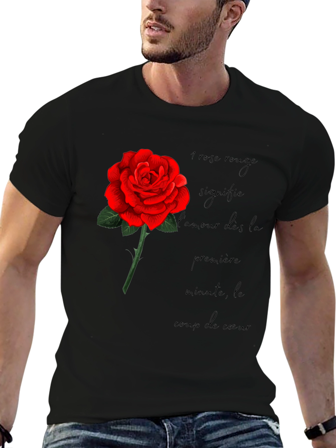 Red Rose Love Graphic Black T-Shirt