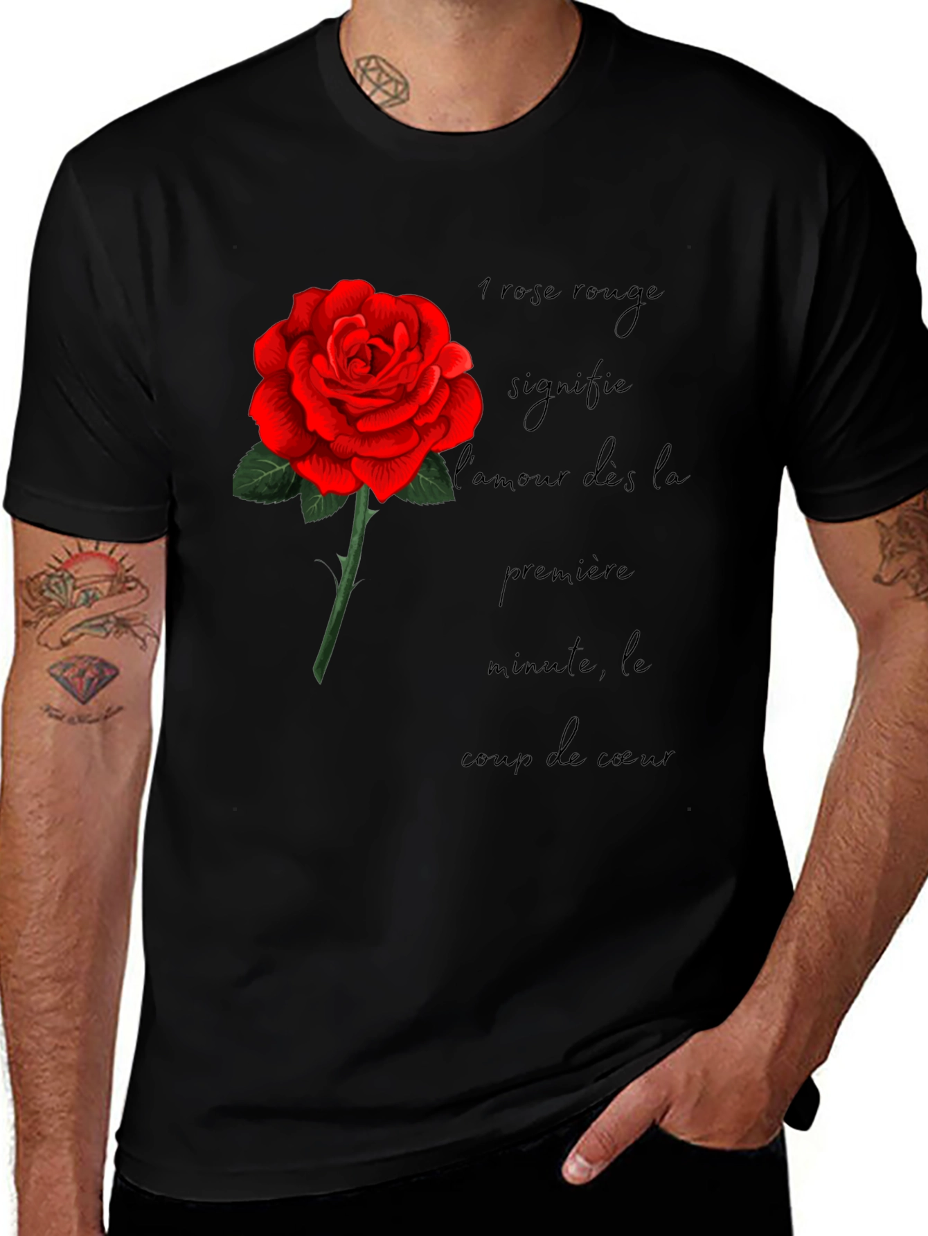 Red Rose Love Graphic Black T-Shirt