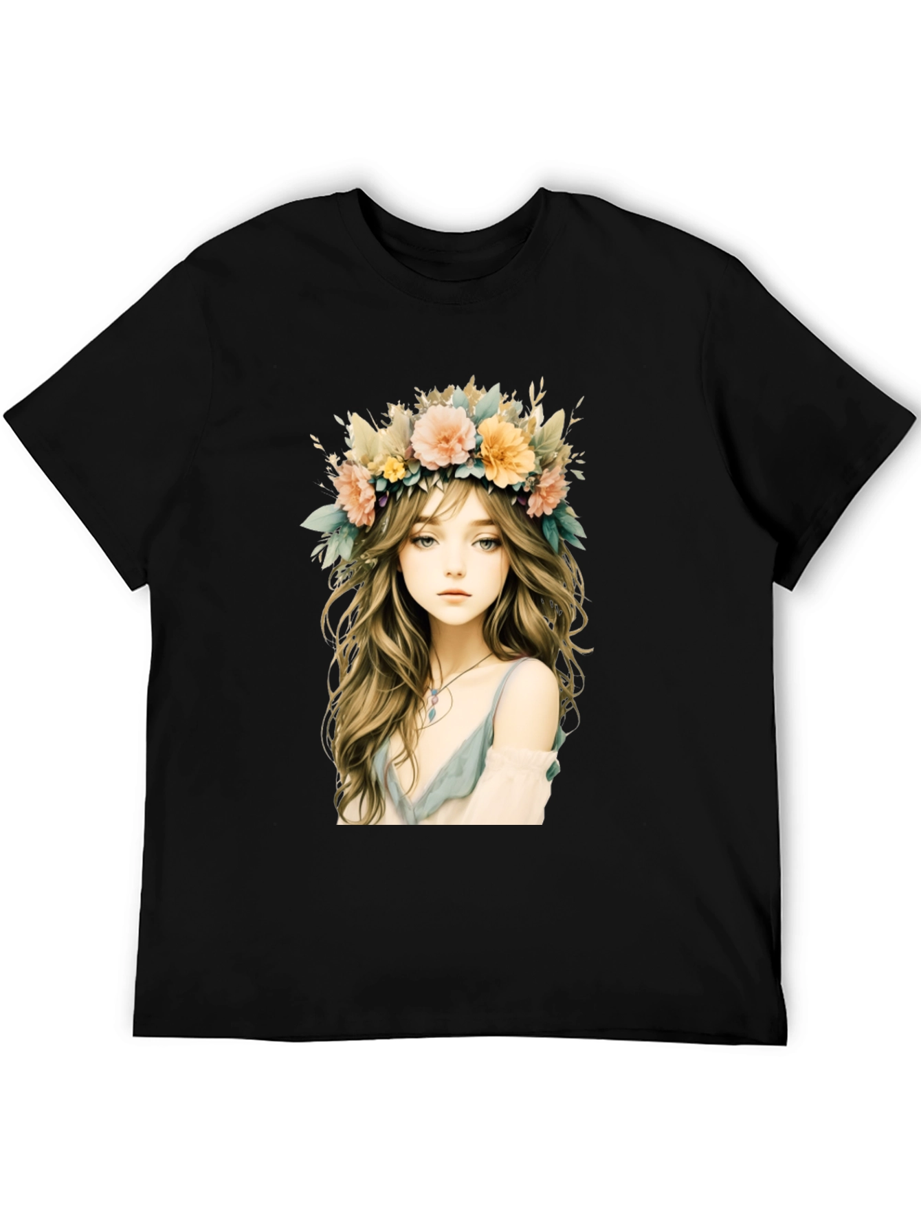 Floral Crown Girl Graphic Black T-Shirt