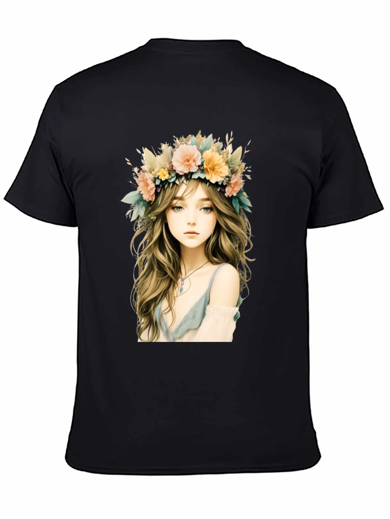 Floral Crown Girl Graphic Black T-Shirt