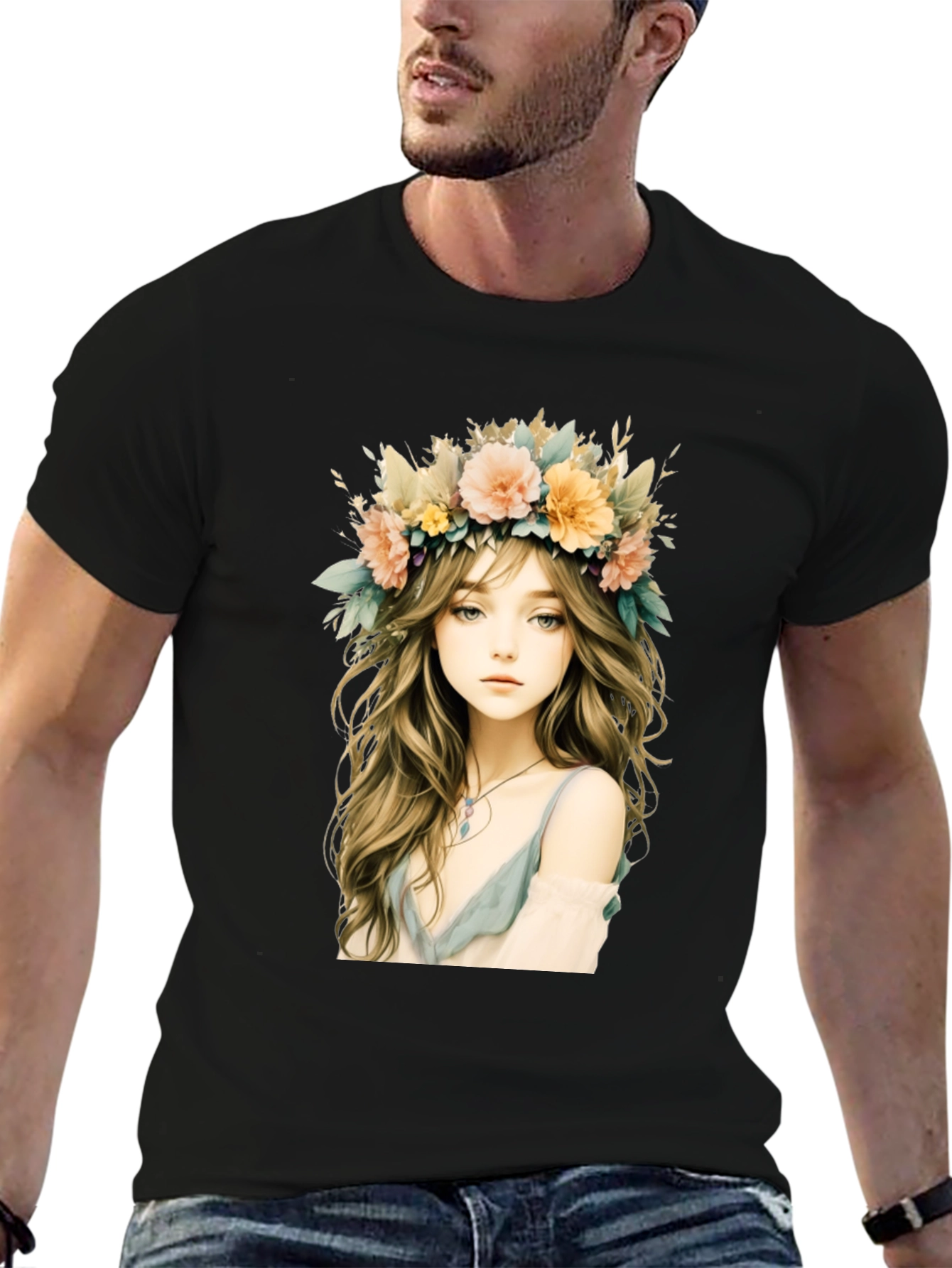 Floral Crown Girl Graphic Black T-Shirt