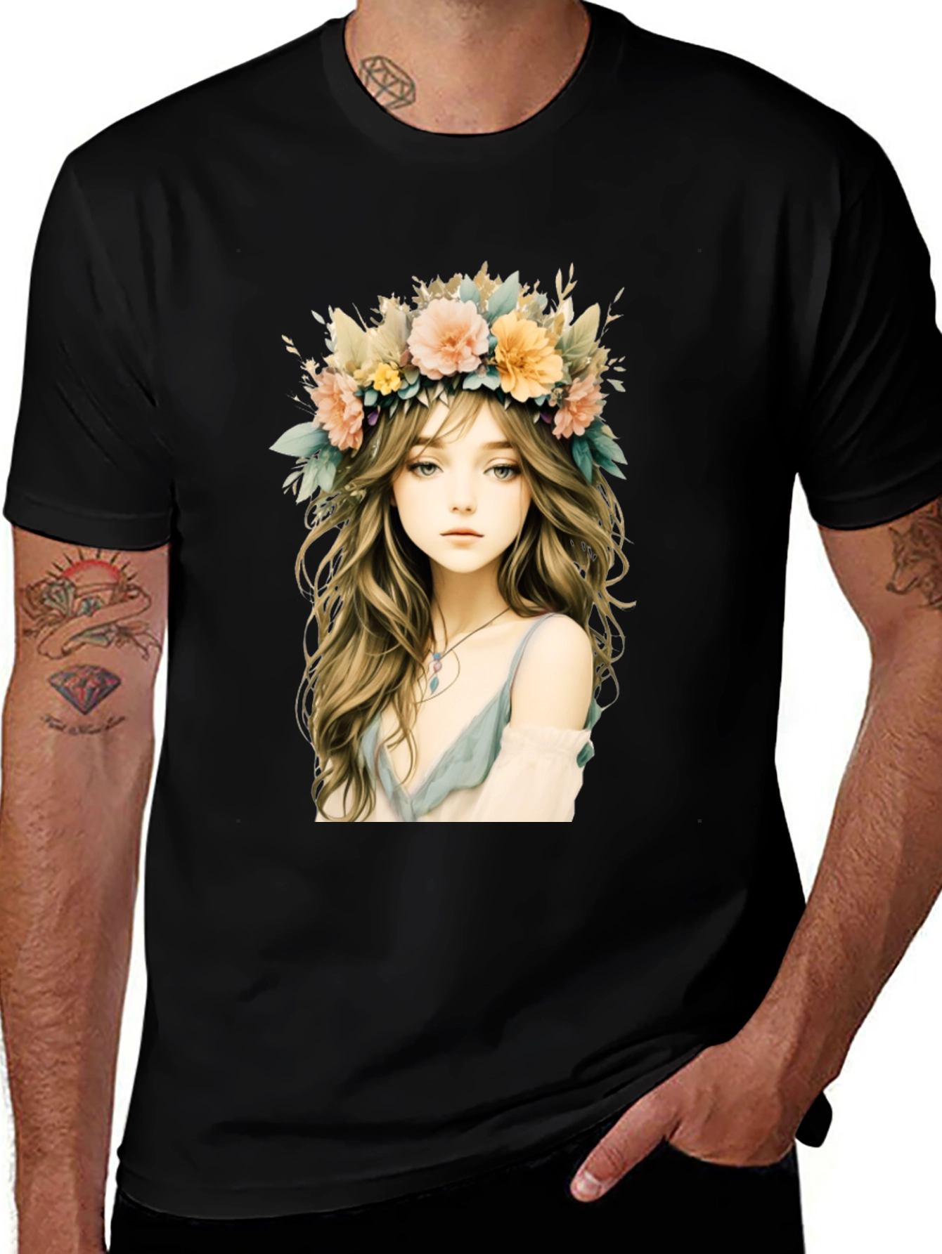 Floral Crown Girl Graphic Black T-Shirt