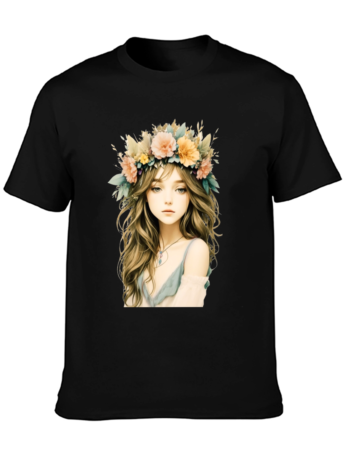 Floral Crown Girl Graphic Black T-Shirt